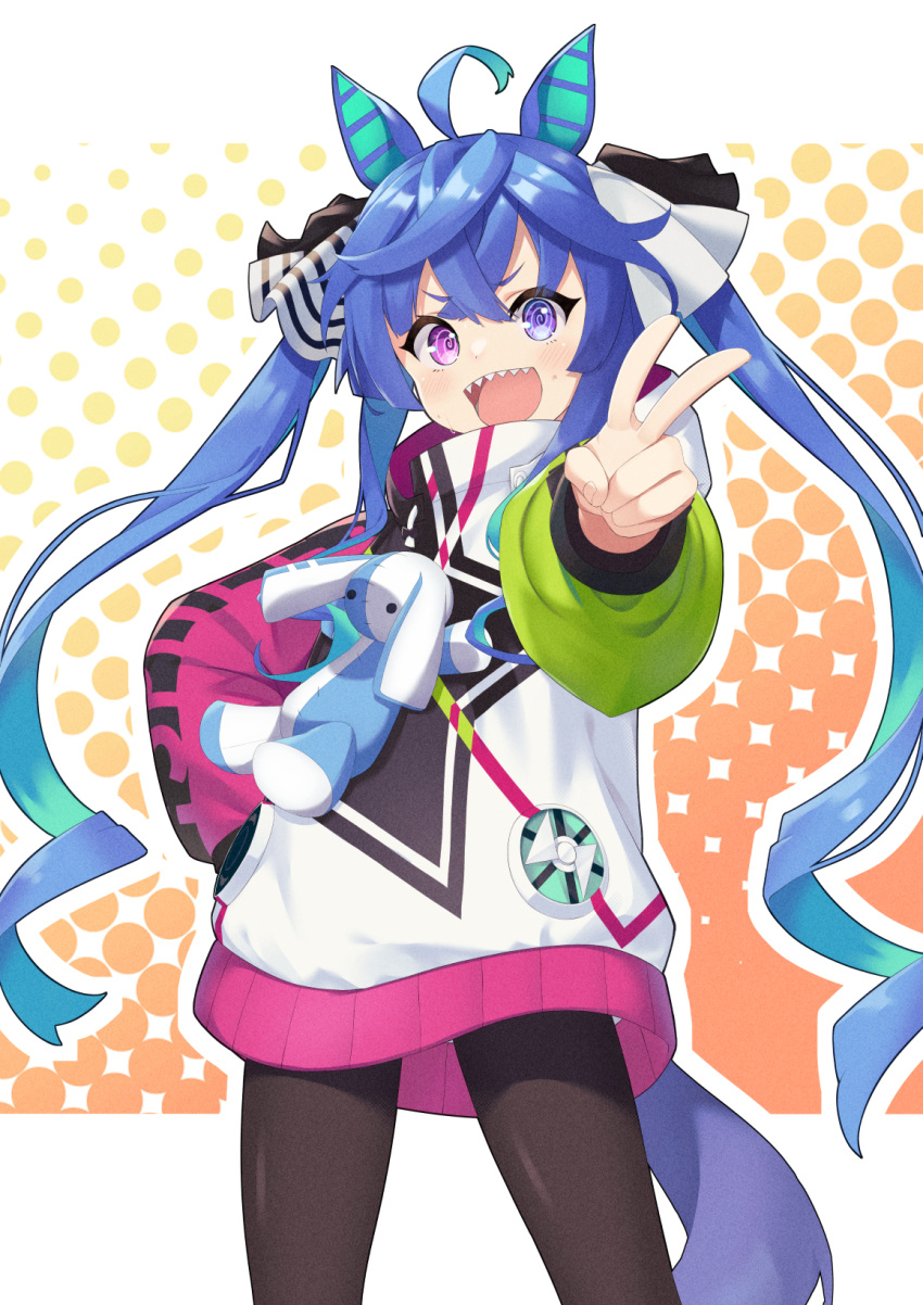 1girl :d @_@ ahoge animal_ears aqua_hair black_pantyhose blue_eyes blue_hair blush bow commentary cowboy_shot crossed_bangs drawstring hair_bow halftone halftone_background hand_on_own_hip hand_up heterochromia highres hood hoodie horse_ears horse_girl horse_tail letterboxed long_hair long_sleeves looking_at_viewer multicolored_clothes multicolored_hair multicolored_hoodie open_mouth orange_background outline outside_border outstretched_arm pantyhose purple_eyes sharp_teeth sidelocks smile solo striped_bow stuffed_animal stuffed_rabbit stuffed_toy sweat tail teeth twin_turbo_(umamusume) twintails two-tone_hair umamusume upper_teeth_only v very_long_hair white_outline yuki_(t-yamayamaji43)