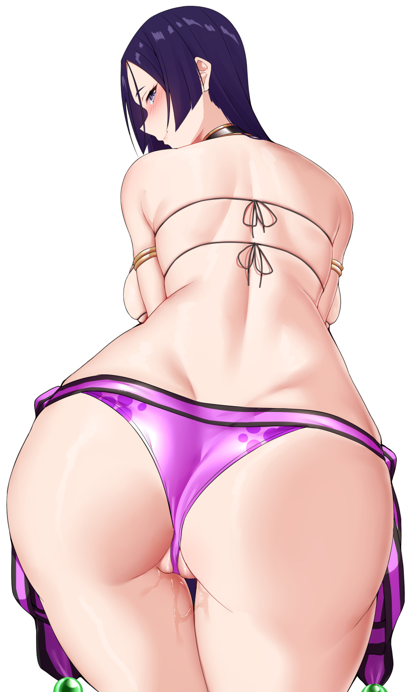 1girl absurdres arind_yudha ass backboob bikini blush breasts closed_mouth fate/grand_order fate_(series) highres large_breasts long_hair looking_at_viewer looking_back minamoto_no_raikou_(fate) minamoto_no_raikou_(swimsuit_lancer)_(fate) partially_visible_vulva purple_bikini purple_eyes purple_hair pussy_juice simple_background smile solo swimsuit thighs white_background