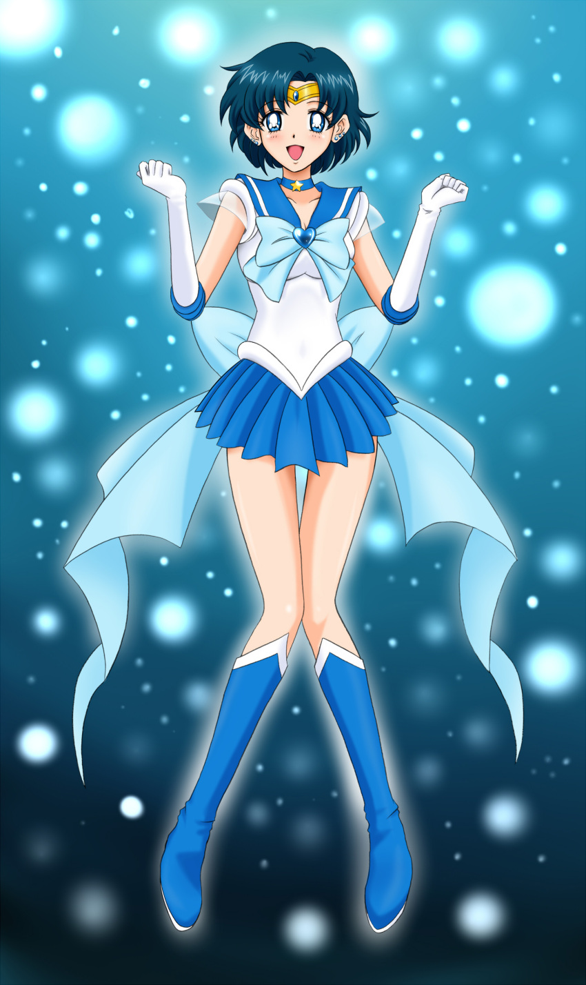 absurdres arms_up back_bow bishoujo_senshi_sailor_moon blue_background blue_bow blue_bowtie blue_brooch blue_choker blue_eyes blue_footwear blue_hair blue_sailor_collar blue_skirt boots bow bowtie brooch choker circlet collarbone ear_piercing elbow_gloves full_body gloves heart heart_brooch highres jewelry knee_boots leotard looking_at_viewer magical_girl miniskirt mizuno_ami open_mouth parted_bangs piercing pleated_skirt sailor_collar sailor_mercury sailor_senshi sailor_senshi_uniform short_hair skirt soukichi standing star_(symbol) star_choker super_sailor_mercury white_gloves white_leotard