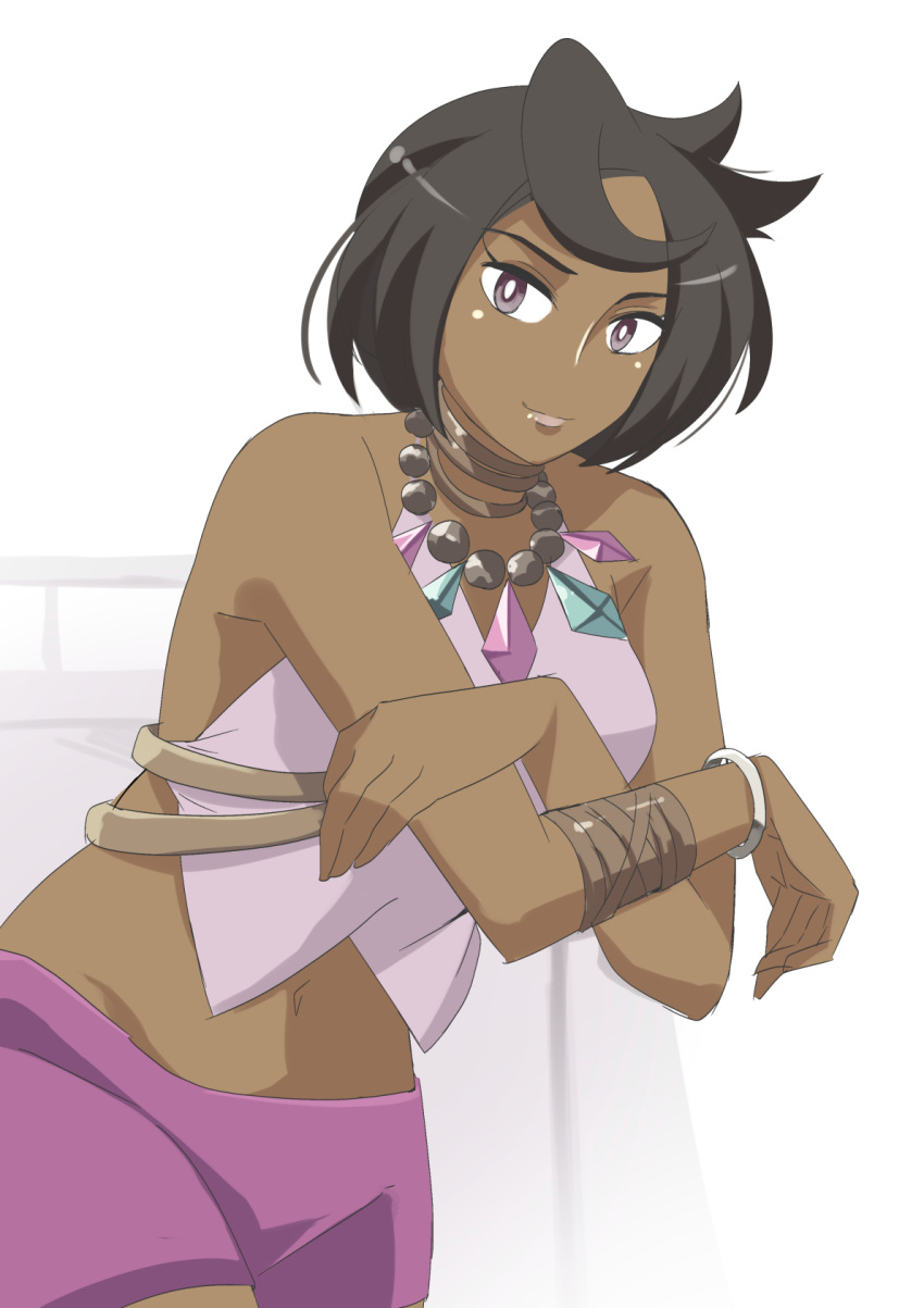 1girl 34_(sanjushi) aqua_gemstone bangle bare_arms bare_shoulders beads black_hair bracelet breasts crop_top dark-skinned_female dark_skin diamond_(gemstone) diamond_(shape) grey_eyes highres jewelry large_breasts medium_breasts neck_ring olivia_(pokemon) pink_gemstone pink_lips pink_shirt pokemon pokemon_sm purple_shorts shirt short_hair shorts sleeveless sleeveless_shirt solo