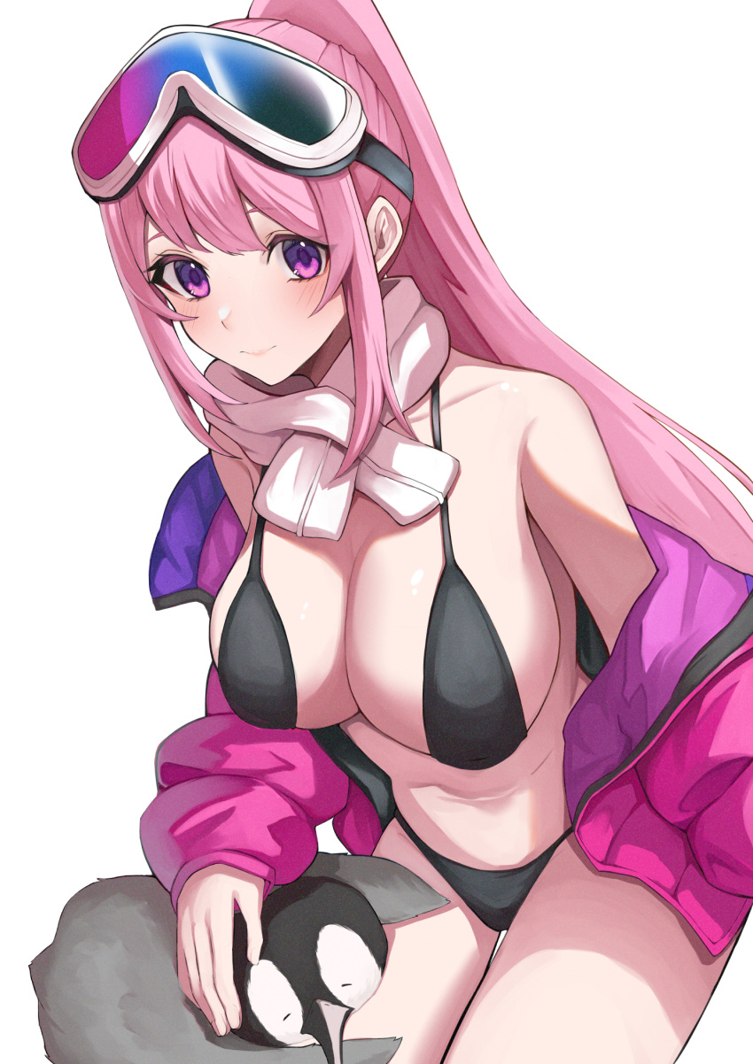 1girl animal_on_lap bare_shoulders bird blue_archive blush breasts cleavage closed_mouth collarbone eimi_(blue_archive) eimi_(swimsuit)_(blue_archive) geco_gecko goggles goggles_on_head high_ponytail highres huge_breasts jacket long_hair long_sleeves navel on_lap padded_jacket penguin pink_eyes pink_hair pink_jacket scarf simple_background ski_goggles sleeves_past_wrists smile stomach thighs white_background white_scarf