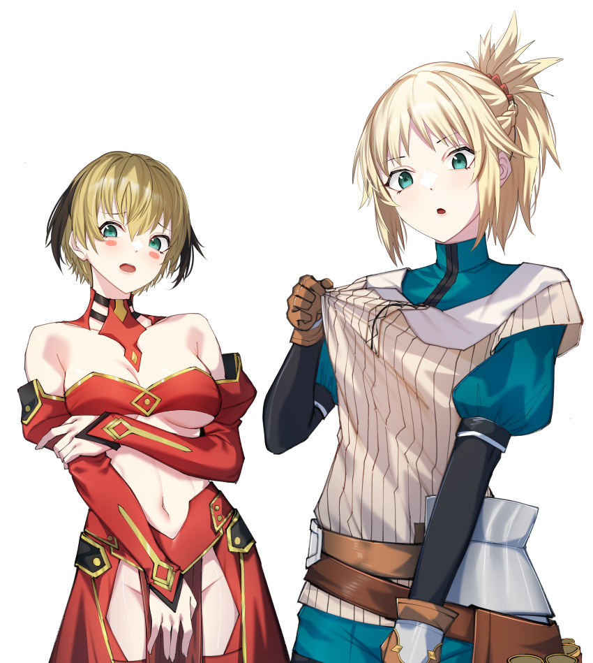 2girls absurdres armor bandeau bare_shoulders belt black_hair blonde_hair blush blush_stickers braid breasts brown_belt brown_gloves cleavage clothes_tug commentary commission cosplay costume_switch cowboy_shot detached_collar detached_sleeves english_commentary fate/grand_order fate_(series) faulds french_braid gareth_(fate) gareth_(fate)_(cosplay) gloves gold_trim green_eyes green_shirt green_shorts grey_shirt groin hair_between_eyes hair_flaps hair_ornament hair_scrunchie hand_on_own_arm highres loincloth long_sleeves looking_at_viewer medium_breasts mordred_(fate) mordred_(fate/apocrypha) mordred_(fate/apocrypha)_(cosplay) multicolored_hair multiple_girls navel okamired open_mouth pelvic_curtain puffy_short_sleeves puffy_sleeves red_bandeau red_scrunchie red_skirt red_sleeves ribbed_shirt scrunchie second-party_source shirt short_hair short_sleeves shorts siblings sidelocks simple_background sisters skirt streaked_hair transparent_background turtleneck_shirt underboob