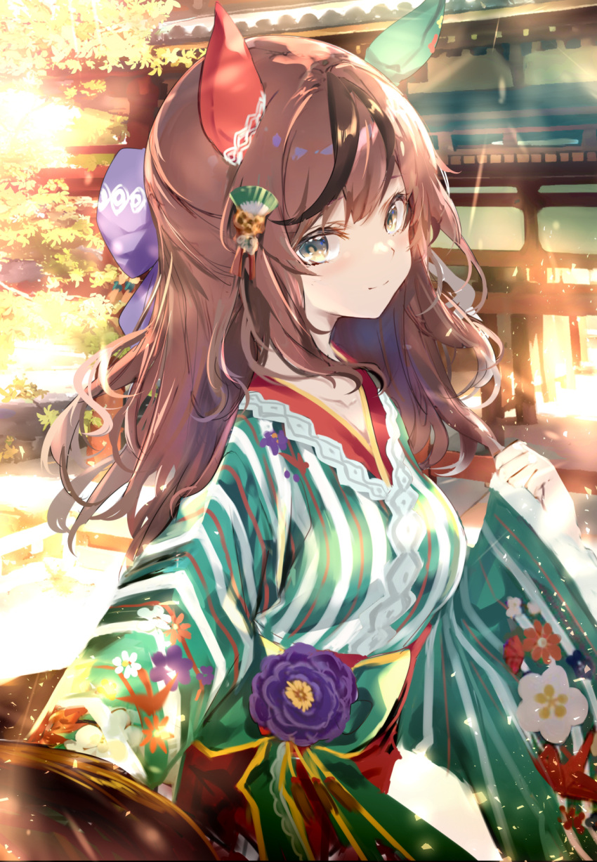 1girl animal_ears blurry blurry_background blush brown_eyes collarbone commentary_request fidgeting hair_ornament highres horse_ears horse_girl japanese_clothes kimono long_hair looking_at_viewer medium_hair nice_nature_(converging_wishes)_(umamusume) nice_nature_(umamusume) official_alternate_costume official_alternate_hairstyle open_mouth outdoors red_hair shrine solo sparkle umamusume uu-tan_(hushigi10)