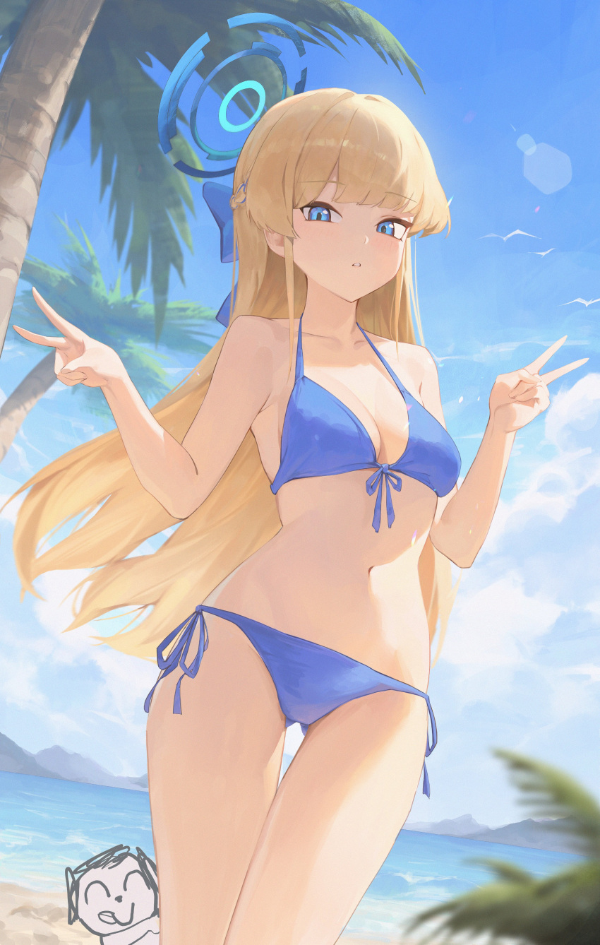 1girl absurdres ass_visible_through_thighs bare_arms bare_shoulders beach bikini blonde_hair blue_archive blue_bikini blue_bow blue_eyes blue_hair blue_halo blue_sky bow braid breasts cloud commentary cowboy_shot day doodle_sensei_(blue_archive) double_v front-tie_bikini_top front-tie_top frost_002 hair_bow halo hands_up highres lens_flare light_blush long_hair looking_at_viewer medium_breasts mountain multicolored_hair navel ocean outdoors palm_tree parted_lips sensei_(blue_archive) shore side-tie_bikini_bottom simple_bird sky solo_focus stomach streaked_hair swimsuit teeth thigh_gap toki_(blue_archive) tree v very_long_hair water