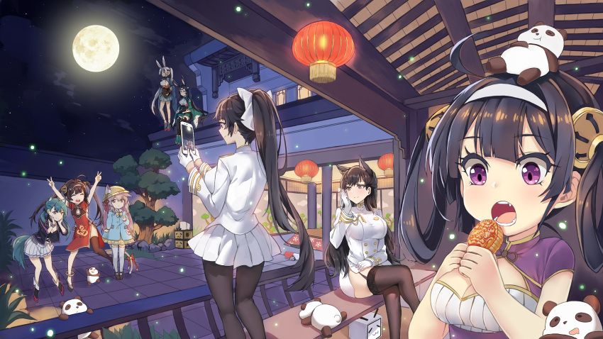 6+girls animal_ears aoba_(azur_lane) architecture atago_(azur_lane) azur_lane bell black_pantyhose blue_skirt bow breasts brown_garter_straps brown_hair brown_thighhighs buttons cat_ears cat_girl cat_tail cellphone cleavage closed_eyes double-breasted double_v east_asian_architecture eating full_moon gloves green_skirt grey_hair half_gloves hat high_ponytail highres hiryuu_(azur_lane) holding holding_phone jacket jingle_bell kindergarten_uniform kisaragi_(azur_lane) large_breasts leaning_forward long_hair long_sleeves medium_breasts miniskirt mole mole_under_eye moon multiple_girls night night_sky ning_hai_(azur_lane) open_clothes open_jacket open_mouth panda pantyhose pencil_skirt phone ping_hai_(azur_lane) pink_eyes pink_hair pleated_skirt ponytail purple_eyes rabbit_ears rabbit_girl round_eyewear school_hat short_sleeves single_thighhigh skirt sky smartphone smile souryuu_(azur_lane) standing tail tail_bow tail_ornament takao_(azur_lane) taking_picture thighhighs v very_long_hair white_gloves white_skirt white_thighhighs yellow_headwear yellow_skirt zettai_ryouiki zhuxiao517