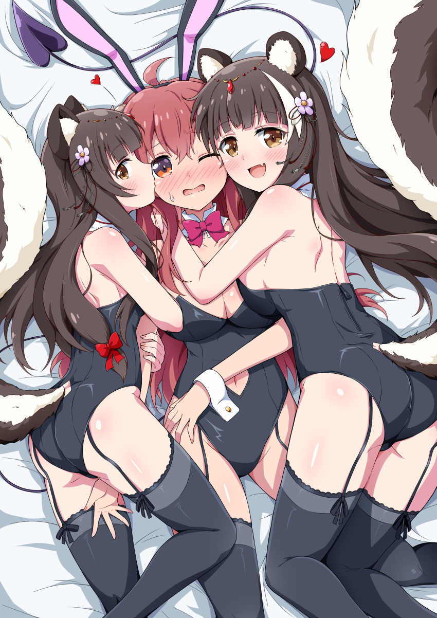 3girls absurdres alternate_costume animal_ear_fluff animal_ears arm_hug ass azur_lane back backboob bare_shoulders bed_sheet black_leotard black_thighhighs blunt_bangs blush bow bowtie breast_press breasts brown_eyes brown_hair cleavage clothing_cutout commission crossover detached_collar eggman_(pixiv28975023) embarrassed fake_animal_ears fang feet_out_of_frame flower frilled_thighhighs frills frown garter_straps girl_sandwich groin hair_between_eyes hair_bow hair_flower hair_ornament happy heart highleg highleg_leotard highres hug kiss kissing_cheek large_breasts leotard long_hair looking_at_viewer lying machikado_mazoku multicolored_hair multiple_girls multiple_persona naganami_(azur_lane) navel navel_cutout nose_blush on_back on_side one_eye_closed playboy_bunny profile rabbit_ears red_bow red_bowtie red_hair sandwiched shiny_skin sideways_glance skeb_commission skin_fang skunk_ears skunk_girl skunk_tail strapless strapless_leotard streaked_hair sweatdrop symmetrical_docking tail_raised thighhighs thighs white_flower white_hair white_wrist_cuffs wrist_cuffs yoshida_yuuko_(machikado_mazoku) yuri