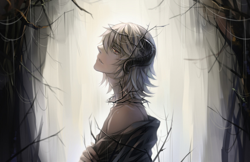 1boy bare_shoulders blonde_hair crying crying_with_eyes_open demon_horns from_side hair_between_eyes half-closed_eyes horns konoe_(lamento) lamento lialli looking_at_viewer male_focus off_shoulder parted_lips partially_undressed profile rain sad short_hair slit_pupils solo standing tears upper_body yellow_eyes