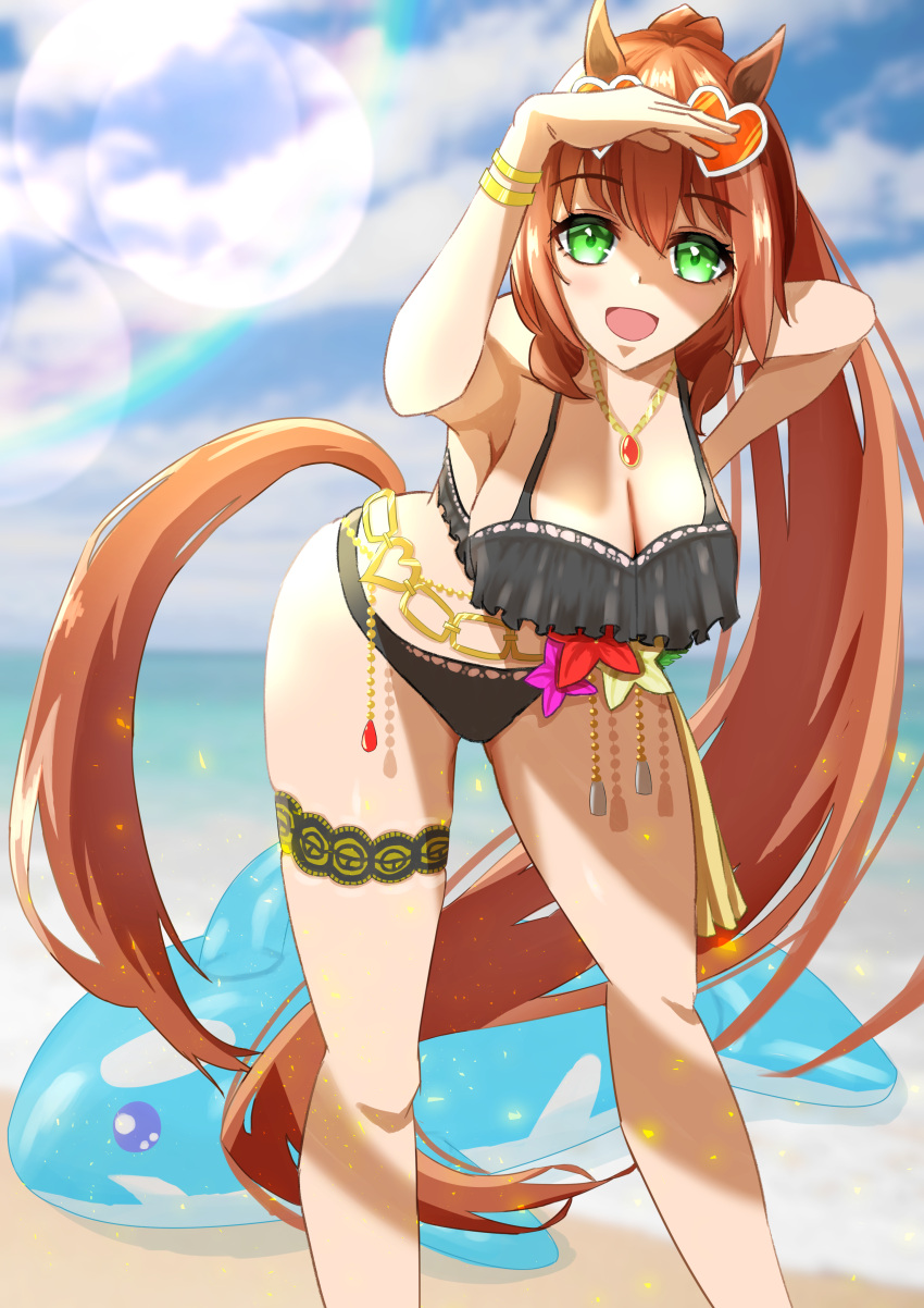 1girl absurdres animal_ears aqua_eyes azuki_(azuki_azukki) bikini black_bikini blue_background blue_sky blush border bracelet breasts chain cleavage cloud cloudy_sky collarbone commentary_request ear_ornament feet_out_of_frame frilled_bikini frills highres horse_ears horse_girl horse_tail jewelry large_breasts lens_flare looking_at_viewer maruzensky_(blasting_off_summer_night)_(umamusume) maruzensky_(umamusume) navel necklace official_alternate_costume open_mouth outdoors salute sky smile solo swimsuit tail thigh_strap umamusume