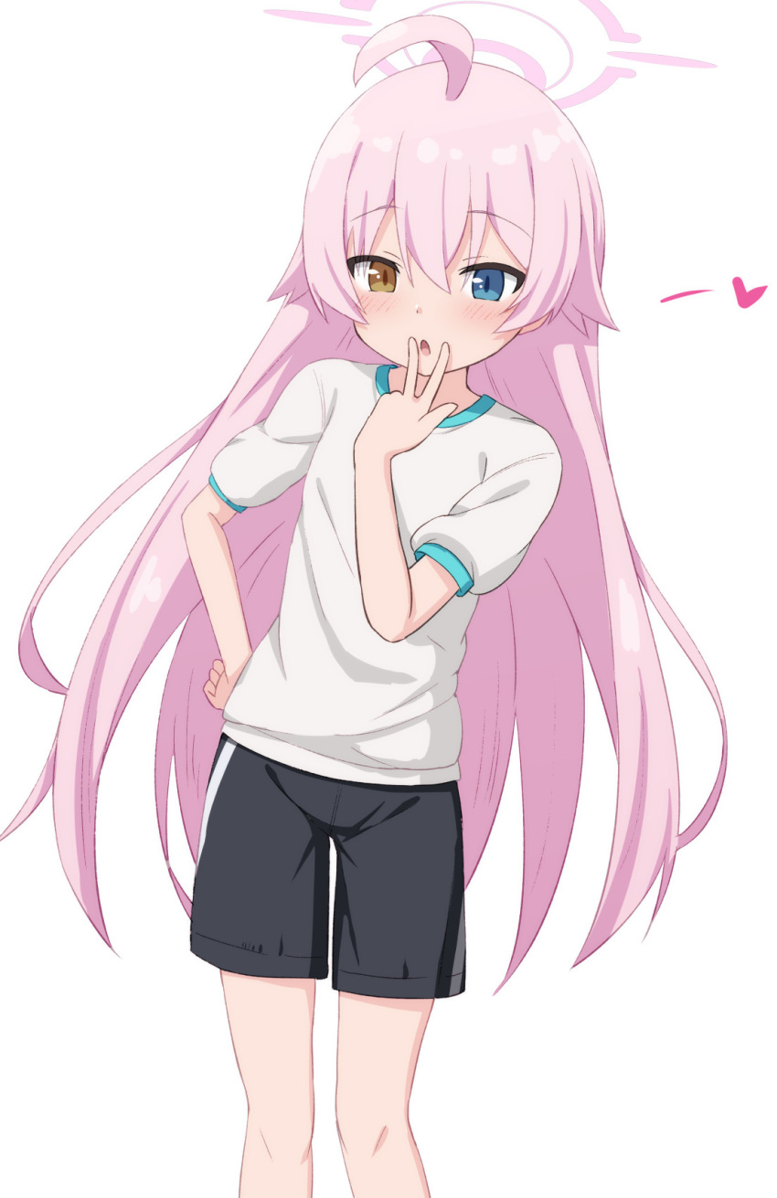 1girl ahoge black_shorts blue_archive blue_eyes blush brown_eyes commentary_request feet_out_of_frame gym_shirt gym_shorts gym_uniform hair_between_eyes halo hand_on_own_hip heart heterochromia highres hoshino_(blue_archive) long_hair looking_at_viewer parted_lips pink_hair puffy_short_sleeves puffy_sleeves shirt short_sleeves shorts simple_background solo standing takasuma_hiro very_long_hair white_background white_shirt