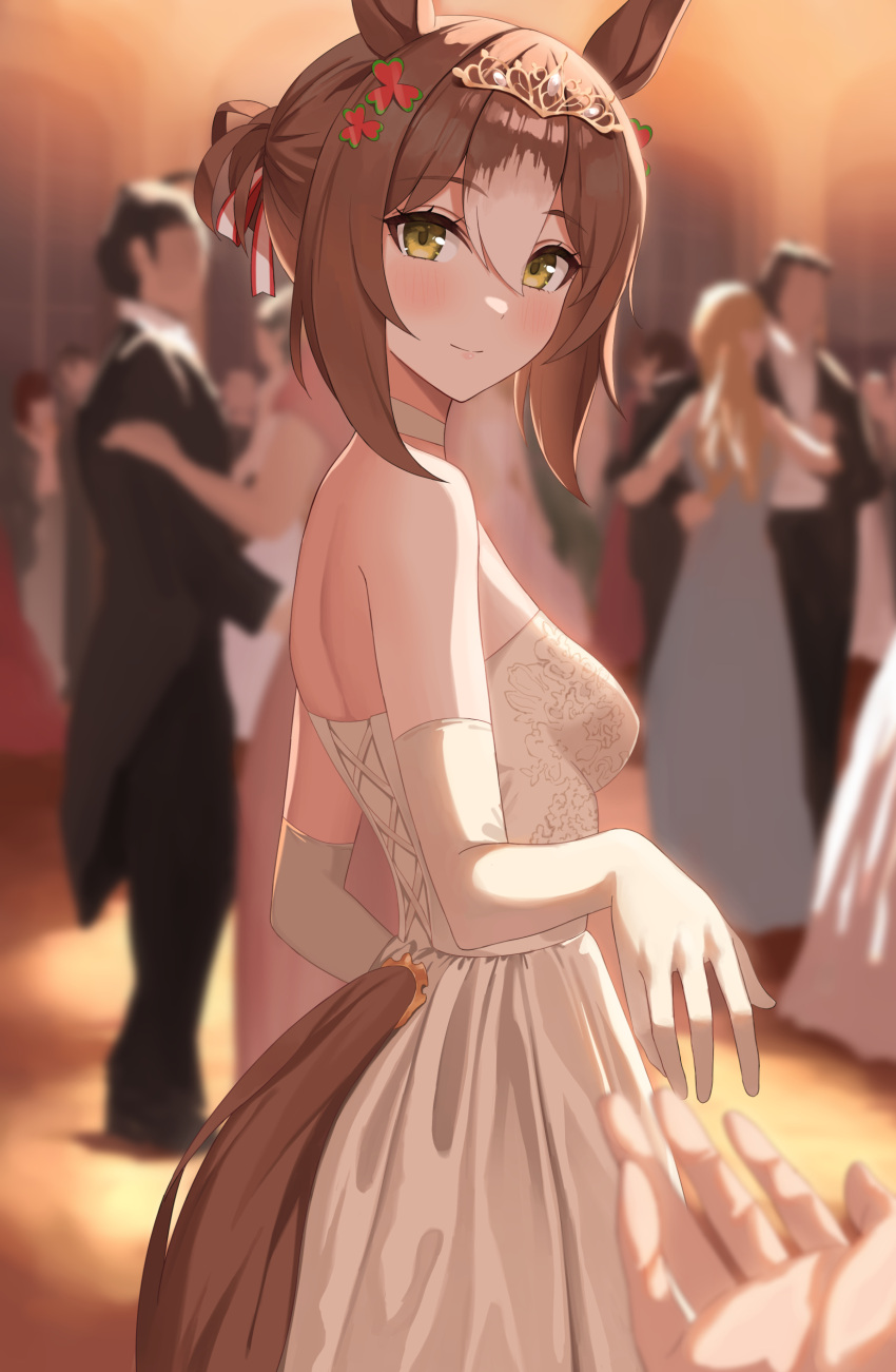 1girl 1other absurdres alternate_costume animal_ears asato_(fadeless) ballroom bare_shoulders blurry blurry_background blush breasts brown_hair closed_mouth clover_hair_ornament commentary_request dress elbow_gloves fine_motion_(umamusume) gloves hair_between_eyes hair_bun hair_ornament highres horse_ears horse_girl horse_tail indoors medium_breasts multicolored_hair people pov short_hair smile solo_focus strapless strapless_dress streaked_hair tail tail_through_clothes tiara umamusume white_dress white_gloves white_hair yellow_eyes