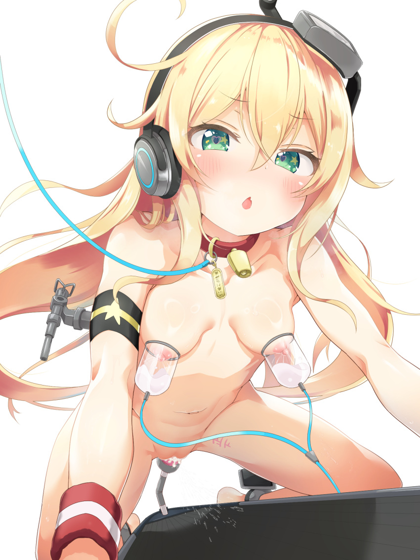 +_+ 1girl :o albacore_(azur_lane) azur_lane blonde_hair breast_milk breasts completely_nude curly_hair female_ejaculation female_masturbation female_orgasm from_below green_eyes hair_between_eyes headphones heart heart-shaped_pupils highres kneeling lactation long_hair looking_at_viewer makina9696 masturbation messy_hair milking_machine navel nipples nude object_insertion orgasm pussy pussy_juice riding rigging small_breasts solo straddling submarine symbol-shaped_pupils thighs turret vaginal vaginal_object_insertion very_long_hair watercraft