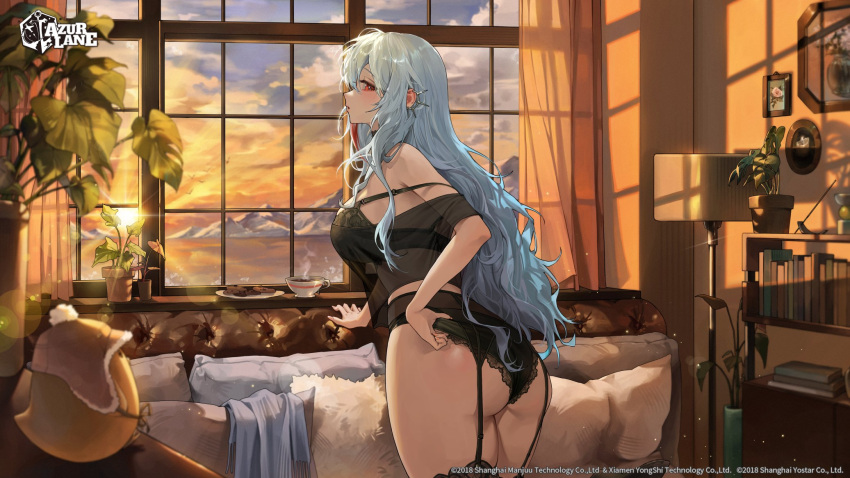 1girl adjusting_clothes adjusting_panties ass azur_lane black_bra black_panties black_shirt black_thighhighs blush bookshelf bra breasts commentary cookie couch cowboy_shot crop_top cup curtains ear_piercing english_commentary food from_behind fur_pillow garter_belt garter_straps grey_hair highres indoors lace-trimmed_panties lace_trim lamp large_breasts lens_flare logo long_hair looking_at_viewer looking_back manjuu_(azur_lane) official_alternate_costume official_art panties parted_lips picture_frame piercing pillow plant plate potted_plant red_eyes second-party_source see-through shirt solo sssong_aa standing strap_slip sunset tallinn_(azur_lane) tallinn_(nostalgic_pilsner)_(azur_lane) teacup thighhighs underwear watermark window