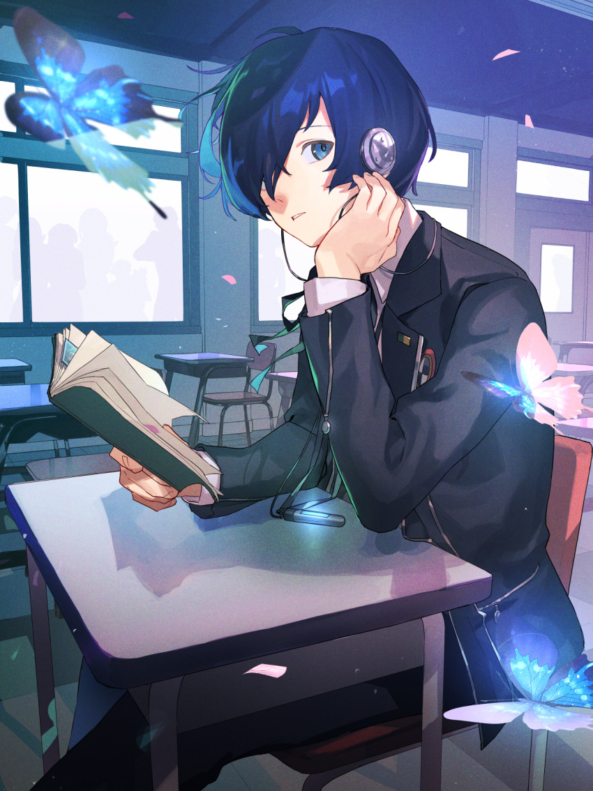 1boy black_suit blue_butterfly blue_eyes blue_hair book bug butterfly classroom dark_blue_hair desk digital_media_player gekkoukan_high_school_uniform glowing_butterfly hair_over_one_eye headphones highres holding holding_book indoors male_focus mia_cbx on_chair open_book parted_lips persona persona_3 school_desk school_uniform short_hair sitting solo suit window yuuki_makoto_(persona_3)