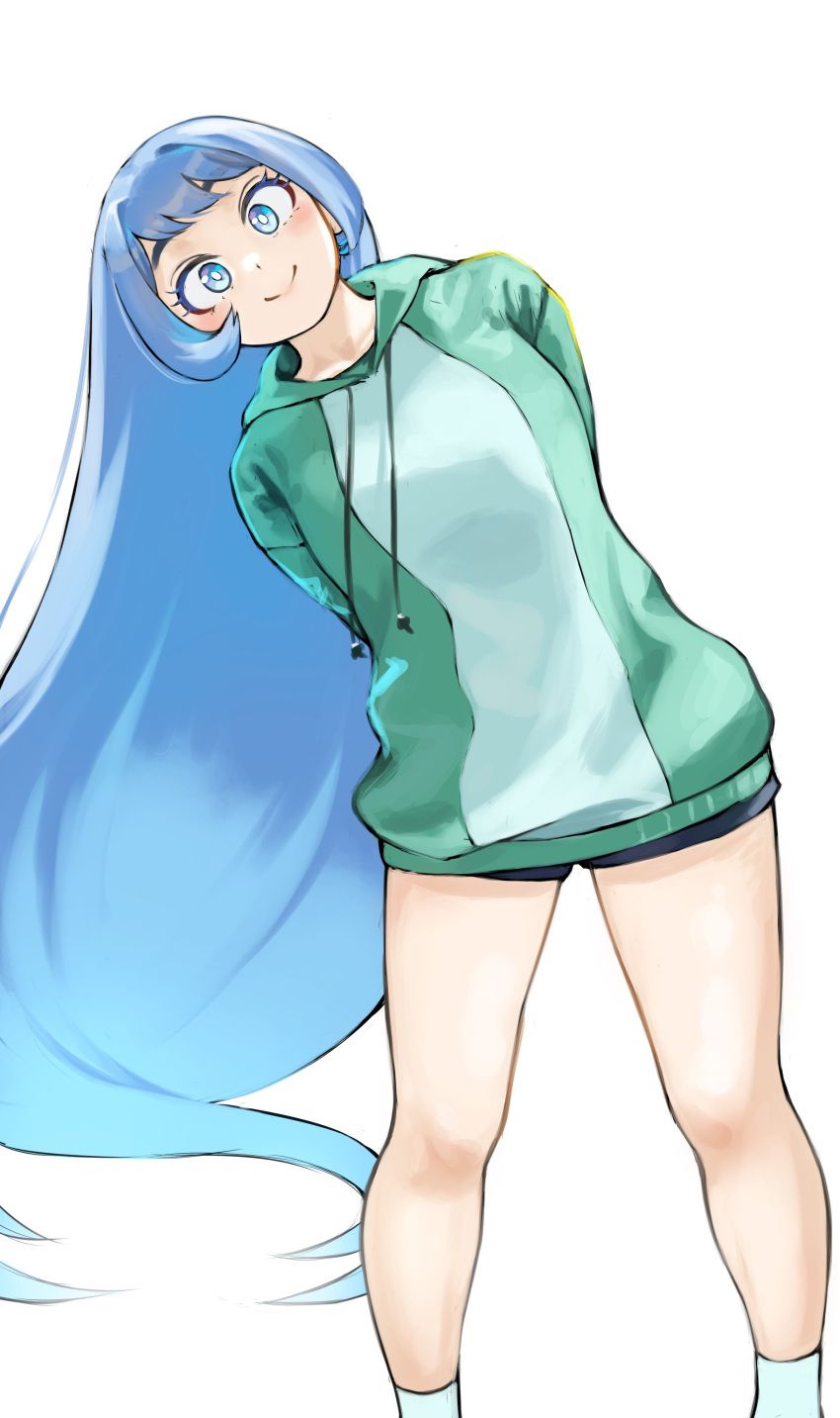 1girl absurdres arms_behind_back blue_eyes blue_hair blue_shorts boku_no_hero_academia closed_mouth fengling_(furin-jp) green_hoodie hadou_nejire highres hood hoodie long_hair looking_at_viewer short_shorts shorts simple_background smile solo white_background