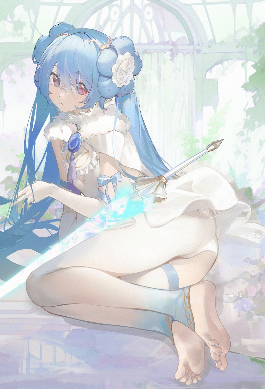 1girl arch ass blue_gemstone blue_hair blue_leggings cape commission commissioner_upload double_bun drive_shot feet flower-shaped_hair fur-trimmed_cape fur_trim gem hair_between_eyes hair_bun hand_in_own_hair highres leggings legs long_hair looking_at_viewer looking_back nail_polish original panties parted_lips plant red_eyes sidelocks soles solo sword tassel toenail_polish toenails toes twintails underwear weapon white_cape white_panties