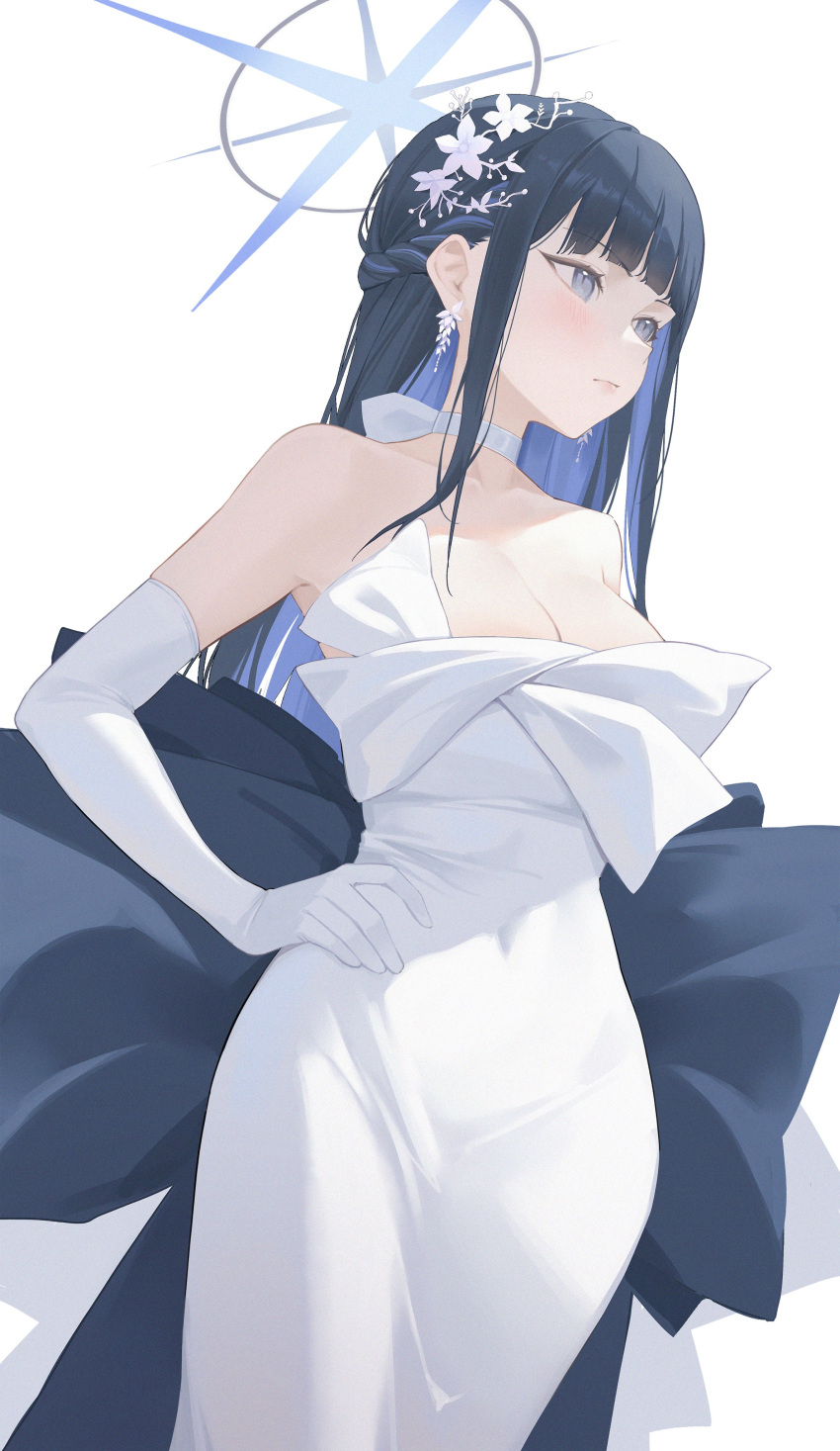 1girl absurdres blue_archive blue_bow blue_eyes blunt_bangs bow braid breasts bridal_gauntlets choker cleavage colored_inner_hair cropped_legs dress earrings flower french_braid hair_flower hair_ornament halo hand_on_own_hip highres jewelry large_breasts midori_xu multicolored_hair saori_(blue_archive) saori_(dress)_(blue_archive) sidelocks standing two-tone_hair white_background white_bridal_gauntlets white_choker white_dress