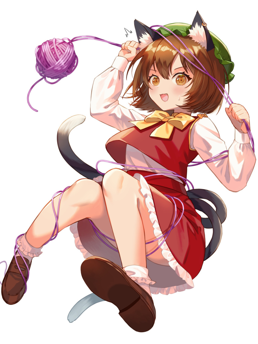 1girl :d ^^^ animal_ear_fluff animal_ears blush bobby_socks bow brown_eyes brown_footwear brown_hair cat_ears cat_girl cat_tail chen commentary_request convenient_leg entangled frilled_skirt frills full_body highres kirisita loafers long_sleeves looking_at_viewer multiple_tails open_mouth red_skirt red_vest shirt shoes short_hair skirt smile socks solo sweatdrop tail touhou two_tails vest white_background white_shirt white_socks yarn yarn_ball yellow_bow