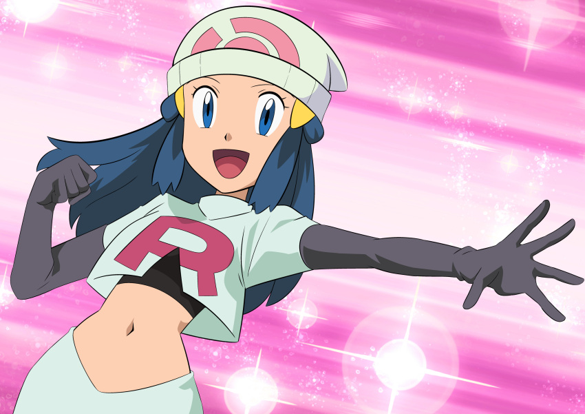 1girl :d beanie black_hair blue_eyes clenched_hand cosplay dawn_(pokemon) elbow_gloves eyelashes gloves hainchu hair_ornament hairclip hat highres jacket jessie_(pokemon) jessie_(pokemon)_(cosplay) logo long_hair navel open_mouth outstretched_arm pink_background pokemon pokemon_(anime) pokemon_dppt_(anime) shirt sidelocks skirt smile solo spread_fingers team_rocket team_rocket_uniform tongue white_headwear white_jacket white_skirt