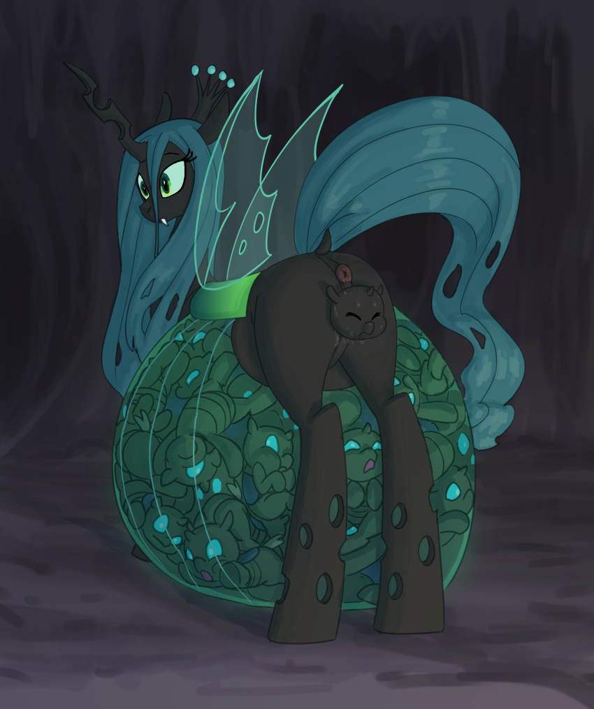 absurd_res anus arthropod birth black_body carniscorner changeling crown drone_(mlp) eyeshadow friendship_is_magic genitals green_eyes green_eyeshadow green_hair green_tail hair hasbro headgear hi_res horn hyper hyper_pregnancy insect_wings makeup my_little_pony pregnant pupils pussy queen_chrysalis_(mlp) slit_pupils tail transparent_belly wings