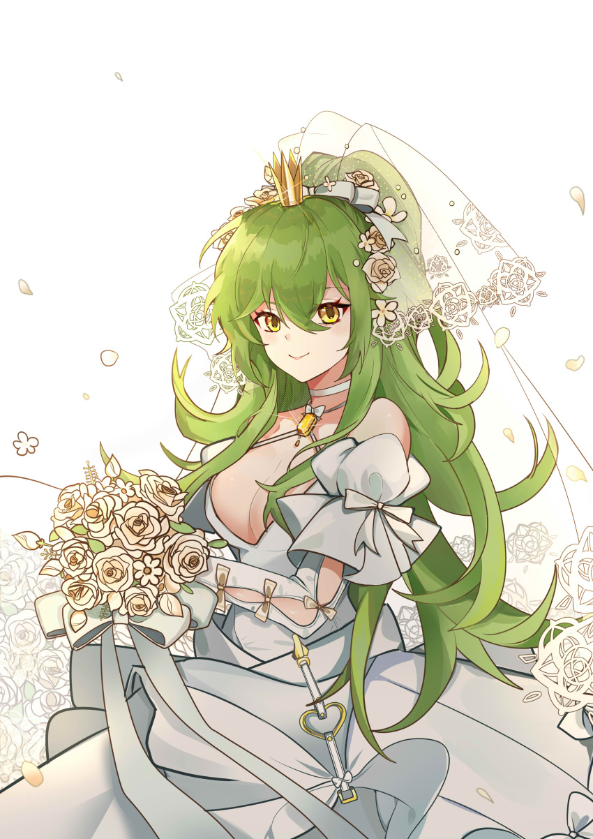 1girl absurdres bouquet breasts bridal_veil cleavage crown dress flower girls'_frontline green_hair hair_flower hair_ornament hair_ribbon heart_o-ring heituitui highres holding holding_bouquet looking_at_viewer m950a_(girls'_frontline) m950a_(the_warbler_and_the_rose)_(girls'_frontline) mini_crown official_alternate_costume ribbon rose solo veil wedding_dress white_background white_dress white_flower white_petals white_ribbon white_rose yellow_eyes