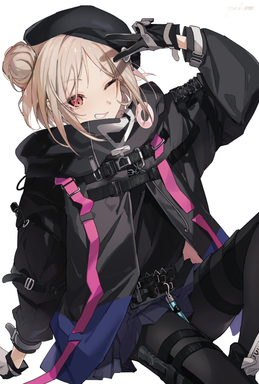 1girl absurdres arm_support artist_name beret black_gloves black_headwear black_jacket black_pantyhose blue_skirt blush cosplay girls'_frontline gloves hair_bun hat highres jacket light_brown_hair looking_at_viewer mdr_(girls'_frontline) mdr_(girls'_frontline)_(cosplay) one_eye_closed p90_(girls'_frontline) pantyhose parted_lips pleated_skirt red_eyes short_hair sitting skirt smile solo teeth two-tone_gloves v white_background white_gloves yuuki_uyu