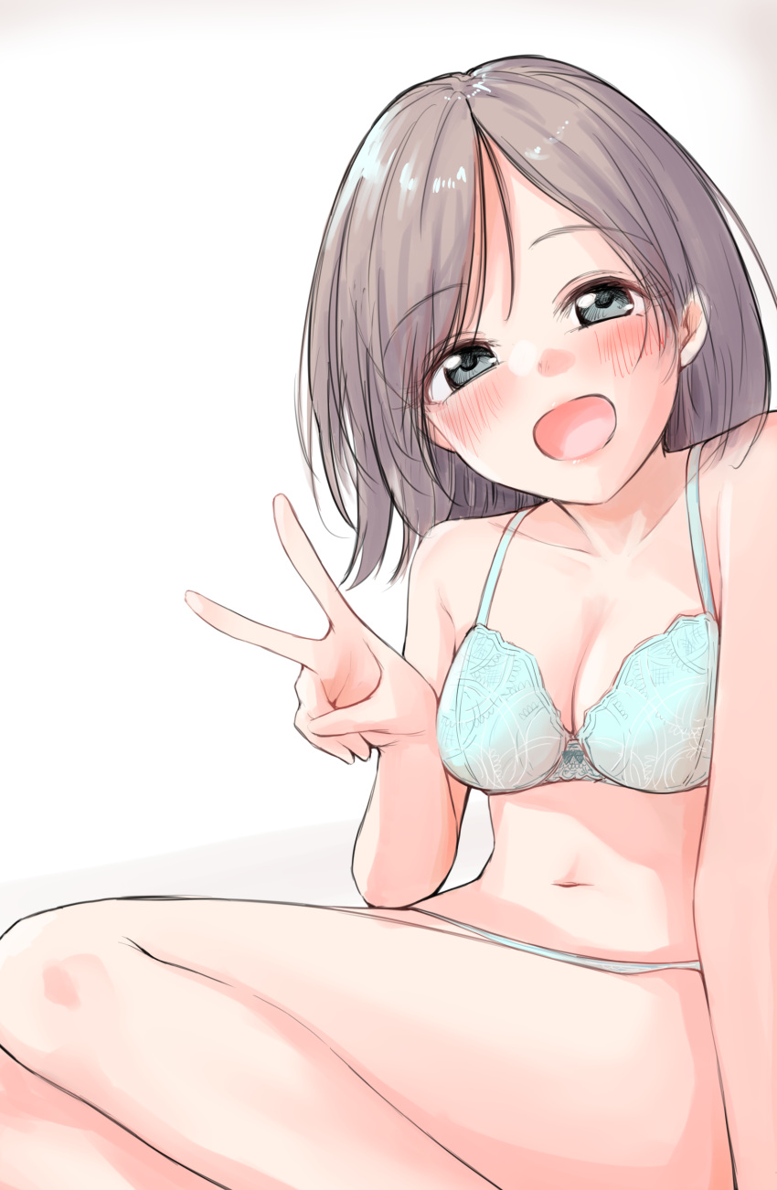 1girl absurdres amijou_harami aqua_bra aqua_panties bare_legs blush bra breasts cleavage collarbone commentary feet_out_of_frame grey_hair highres looking_at_viewer medium_breasts navel original panties simple_background sitting smile solo stomach underwear underwear_only v white_background