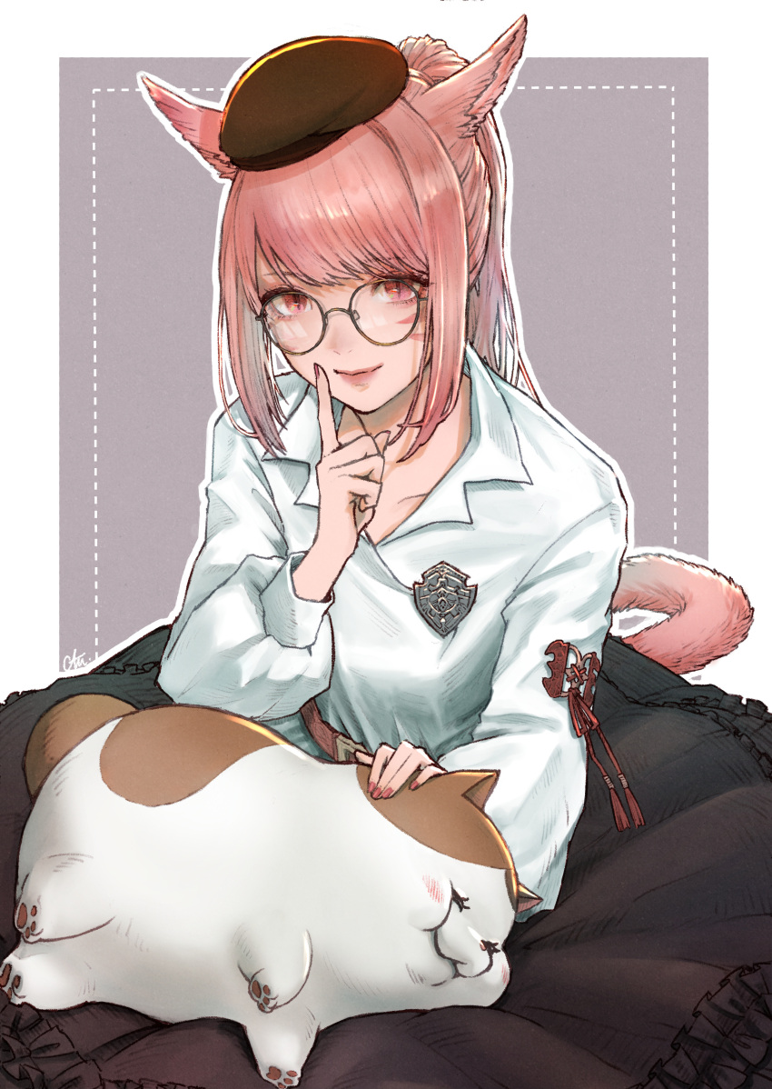 1girl absurdres animal_ears cam_(cammero95713700) cat_ears cat_tail facial_mark fat_cat_(ff14) final_fantasy final_fantasy_xiv glasses hat highres long_hair looking_at_viewer miqo'te pink_eyes pink_hair ponytail round_eyewear sitting slit_pupils solo tail warrior_of_light_(ff14) whisker_markings