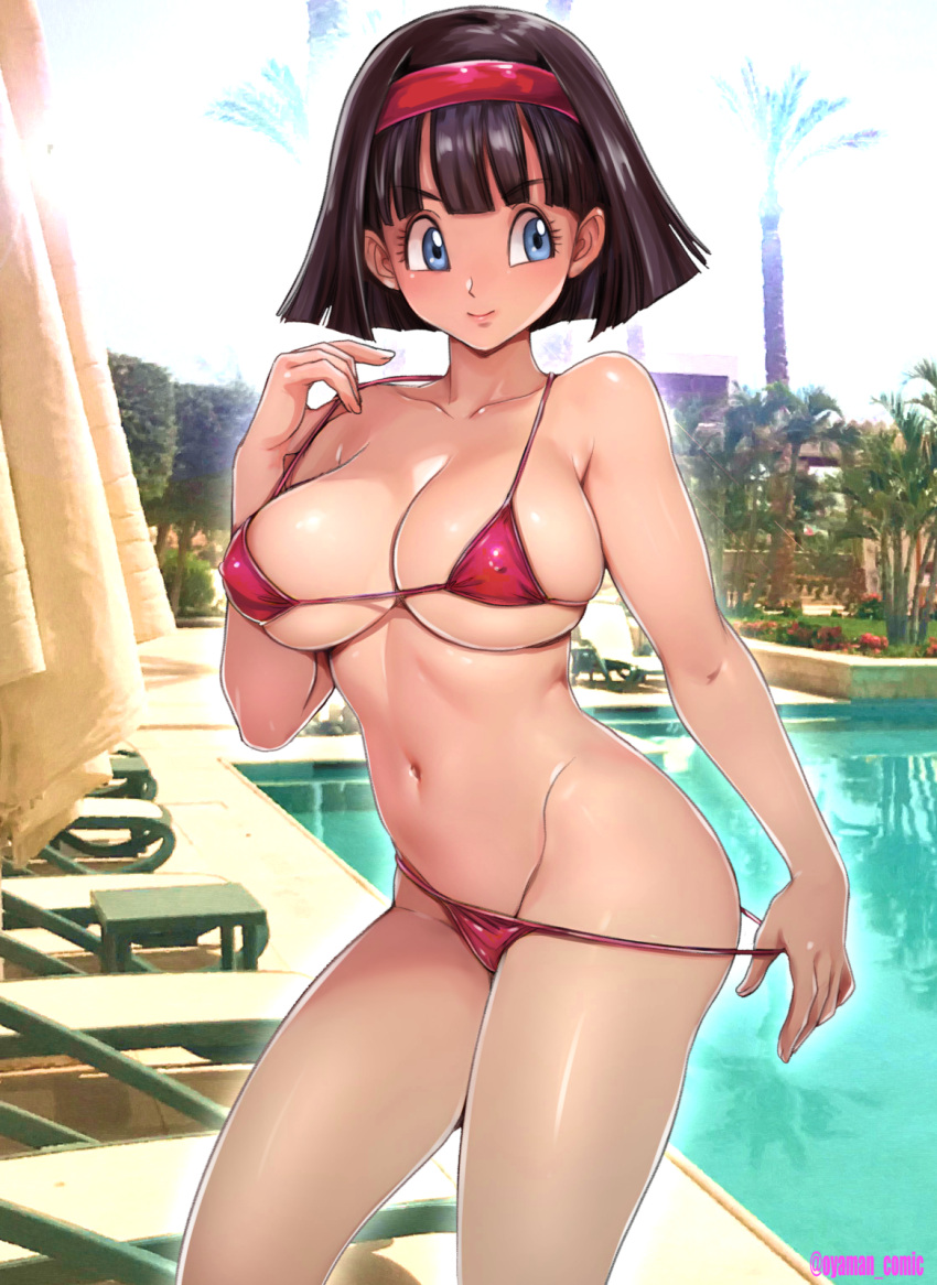 1girl armpit_crease bare_arms bare_shoulders bikini black_hair blue_eyes breasts chair closed_mouth commentary_request contrapposto covered_nipples cowboy_shot day dragon_ball dragon_ball_super facing_viewer groin hairband halterneck hand_up highres large_breasts looking_to_the_side lounge_chair navel outdoors oyaman palm_tree pool poolside red_bikini red_hairband short_hair skindentation smile solo standing stomach strap_pull string_bikini swimsuit tree twitter_username underboob videl water