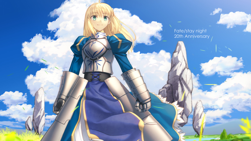 1girl ahoge anniversary armor armored_dress artoria_pendragon_(fate) blonde_hair closed_mouth cloud copyright_name corset fate/stay_night fate_(series) faulds floating_rock gauntlets grass green_eyes hair_undone highres juliet_sleeves long_hair long_sleeves looking_at_viewer outdoors parody puffy_sleeves saber_(fate) shoori_(migiha) sidelocks sky smile solo style_parody takeuchi_takashi_(style)