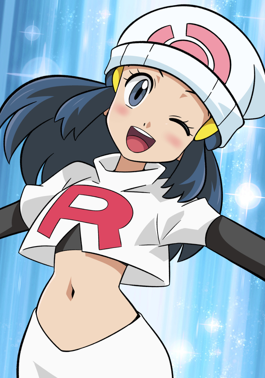 1girl ;d beanie black_hair blue_background blush commentary_request cosplay dawn_(pokemon) elbow_gloves eyelashes gloves grey_eyes hainchu hair_ornament hairclip happy hat highres jacket jessie_(pokemon) jessie_(pokemon)_(cosplay) logo long_hair navel one_eye_closed open_mouth pokemon pokemon_(anime) pokemon_journeys shirt sidelocks sideocks skirt smile solo teeth tongue upper_teeth_only white_headwear white_jacket white_skirt