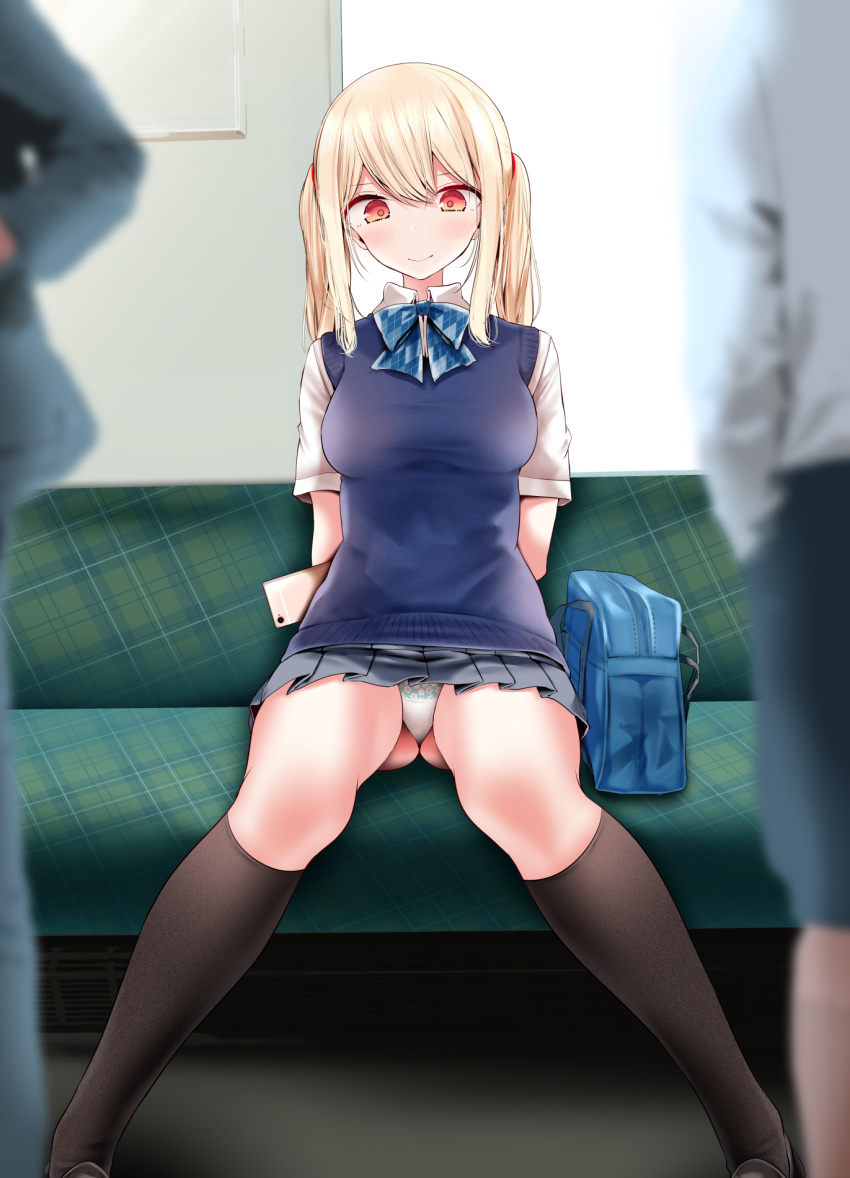 1other 2girls argyle argyle_bow arm_behind_back ass bag black_thighhighs blue_bow blue_bowtie blue_vest bow bowtie breasts brown_footwear cellphone collared_shirt highres kneehighs long_hair medium_breasts multiple_girls oouso original panties phone pleated_skirt red_eyes revision school_bag school_uniform shirt short_sleeves sitting skirt smartphone smile socks sweater_vest thighhighs train_interior twintails underwear vest white_panties white_shirt