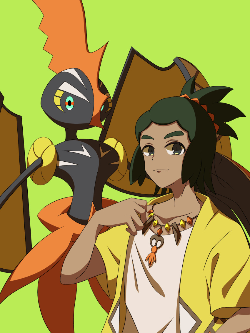 1boy coat collarbone dark-skinned_male dark_skin green_background green_hair hau_(pokemon) hau_(sygna_suit)_(pokemon) highres looking_at_viewer male_focus official_alternate_costume pokemon pokemon_(creature) pokemon_masters_ex tapu_koko topaz_(topaaaaaaaaz) yellow_coat