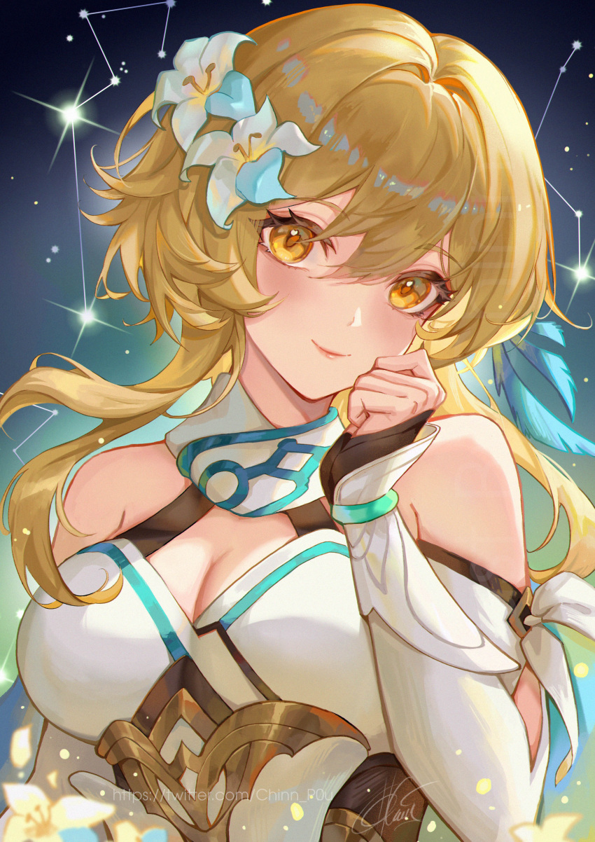1girl absurdres bare_shoulders blonde_hair breasts chinnpou cleavage commentary detached_sleeves flower genshin_impact hair_flower hair_ornament highres large_breasts long_hair long_sleeves looking_at_viewer lumine_(genshin_impact) smile solo upper_body white_flower yellow_eyes