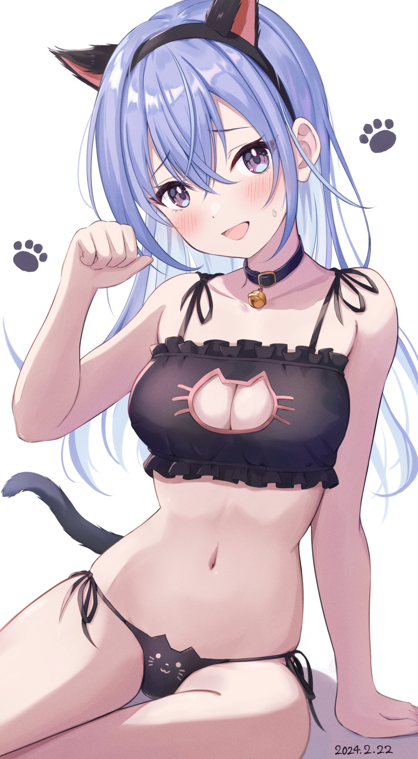 absurdres alternate_costume animal_collar animal_ears arm_support bell bikini black_bikini blue_hair blush breasts cat_cutout cat_ears cat_tail cleavage cleavage_cutout clothing_cutout collar collarbone commentary dated fake_animal_ears fake_tail feet_out_of_frame highres idolmaster idolmaster_shiny_colors looking_at_viewer masuku_(saint_mask) medium_breasts navel neck_bell paw_print side-tie_bikini_bottom simple_background sitting smile stomach straight_hair suzuki_hana swimsuit tail white_background