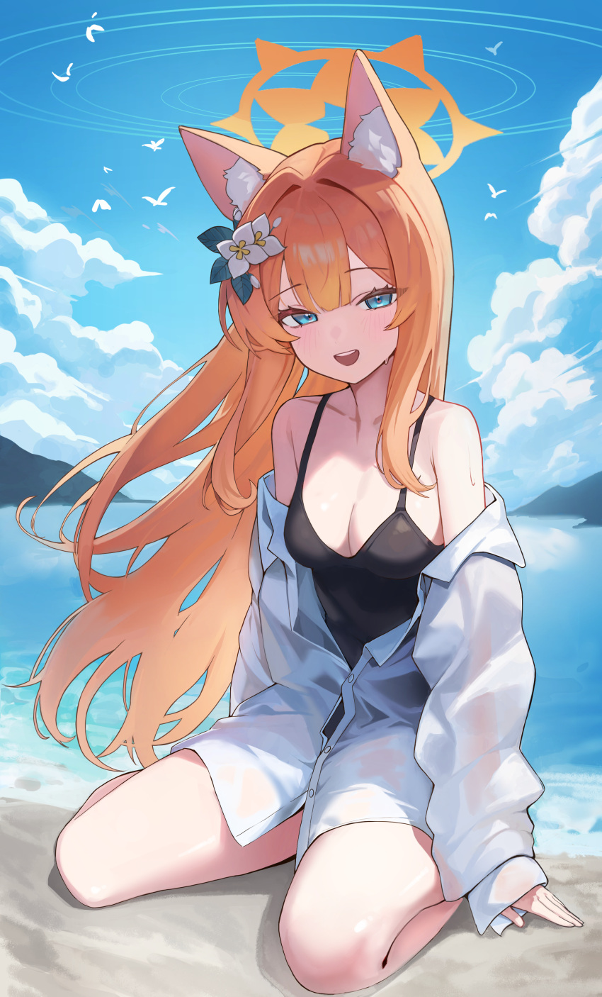 1girl :d absurdres animal_ear_fluff animal_ears beach black_one-piece_swimsuit blue_archive blue_eyes blush breasts buttons cat_ears cloud collarbone collared_shirt day flower hair_flower hair_ornament highres long_hair looking_at_viewer mari_(blue_archive) ocean one-piece_swimsuit open_mouth orange_hair outdoors setakman shirt sky small_breasts smile solo swimsuit white_flower white_shirt