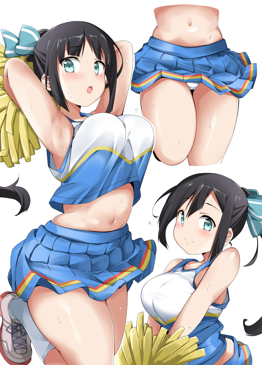 1girl :o absurdres aqua_eyes armpits arms_up black_hair blue_shirt blue_skirt bouncing_breasts breasts cheerleader closed_mouth clothes_lift commentary_request crop_top hair_between_eyes hair_ribbon highres holding holding_pom_poms kanosawa large_breasts long_hair looking_at_viewer multiple_views navel open_mouth panties pom_pom_(cheerleading) ribbon shirt shoes sidelocks simple_background skirt skirt_lift smile sneakers socks standing thighs tougou_mimori underwear white_background white_footwear white_panties white_socks yuuki_yuuna_wa_yuusha_de_aru yuusha_de_aru