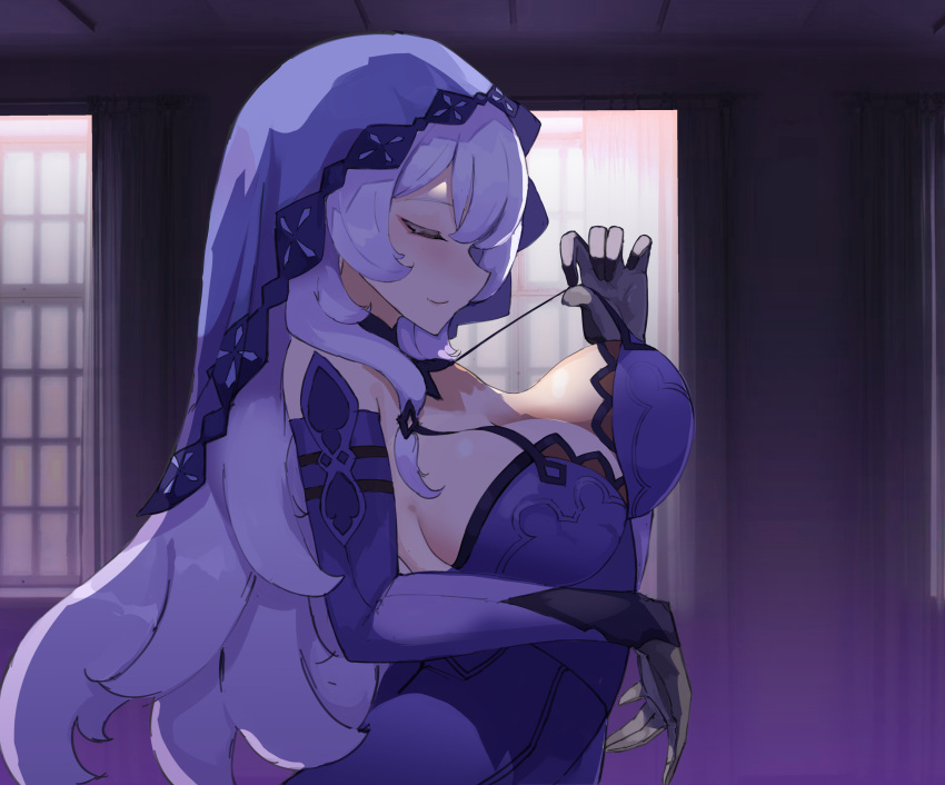 1girl absurdres bare_shoulders black_gloves black_swan_(honkai:_star_rail) blue_dress breasts closed_eyes commentary dress elbow_gloves gloves highres honkai:_star_rail honkai_(series) large_breasts long_hair purple_dress purple_hair sleeveless sleeveless_dress smile smurtz solo strap_pull upper_body veil very_long_hair