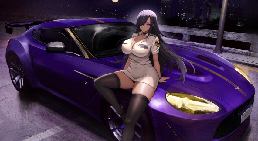 1girl black_hair black_panties black_thighhighs breasts cleavage dark-skinned_female dark_skin english_commentary flashing full_moon hair_over_one_eye highres huge_breasts kcar66t long_hair looking_at_viewer military_uniform miniskirt moon night outdoors panties purple_car shirt skirt solo tatakau_ataisuru thighhighs underwear uniform vehicle_request white_shirt white_skirt zara_moussa zettai_ryouiki