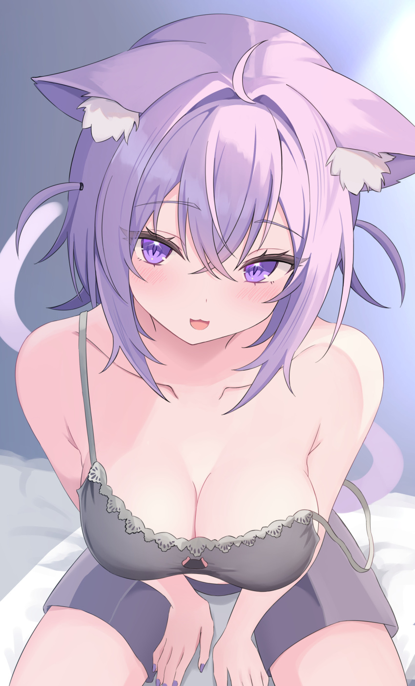 1girl absurdres ahoge animal_ear_fluff animal_ears black_camisole breasts camisole cat_ears cat_girl cat_tail cleavage highres hololive large_breasts looking_at_viewer medium_hair melvis nail_polish nekomata_okayu nekomata_okayu_(7th_costume) official_alternate_costume open_mouth purple_eyes purple_hair purple_nails purple_shorts shorts smile solo tail two_side_up virtual_youtuber