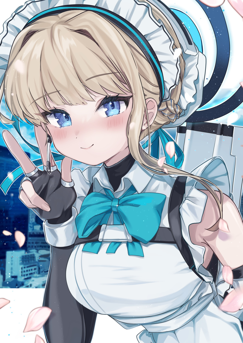 1girl absurdres apron assault_rifle baba_kirika black_gloves blonde_hair blue_archive blue_bow blue_bowtie blue_eyes blue_halo blue_ribbon blush bow bowtie braid bun_cover chest_harness cityscape dress earpiece elbow_gloves falling_petals fingerless_gloves french_braid frilled_dress frilled_hairband frills gloves gun hair_bun hair_ribbon hairband halo harness highres looking_at_viewer maid maid_apron maid_headdress multicolored_background multicolored_hair petals ribbon rifle short_hair sidelocks single_bare_shoulder smile streaked_hair toki_(blue_archive) upper_body v weapon weapon_on_back