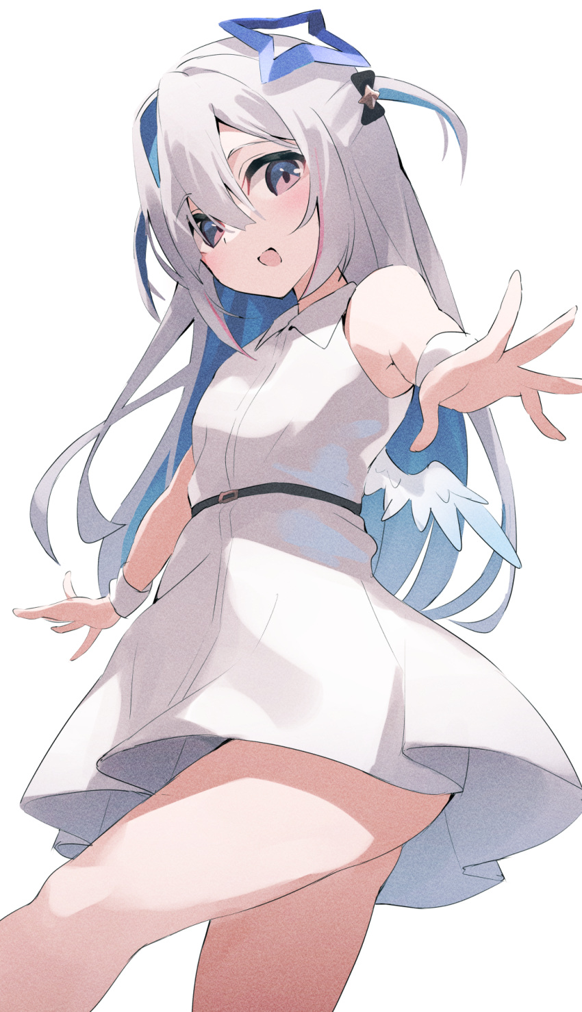 1girl amane_kanata angel angel_wings belt black_belt blue_hair breasts collared_dress colored_inner_hair dress fragir grey_hair hair_intakes halo highres hololive long_hair looking_at_viewer multicolored_hair open_mouth purple_eyes sleeveless sleeveless_dress small_breasts smile solo star_halo two_side_up virtual_youtuber white_background white_dress wings