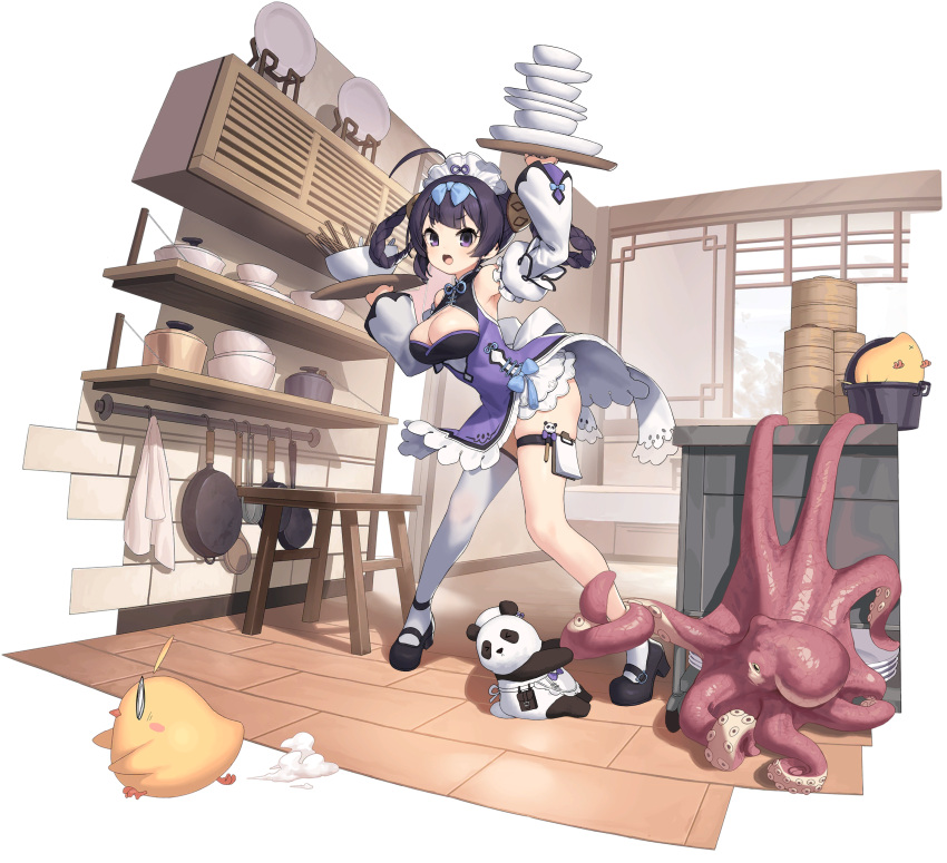 1girl :o absurdres ahoge arm_up armpits azur_lane black_footwear black_hair blue_bow blue_hairband bow bowl braid breasts center_opening chair china_dress chinese_clothes cleavage cleavage_cutout clothing_cutout detached_sleeves dress frilled_dress frills frying_pan full_body hairband highres holding holding_tray kinjo_kuromomo large_breasts long_hair long_sleeves looking_at_viewer maid maid_headdress manjuu_(azur_lane) mary_janes ning_hai_(azur_lane) ning_hai_(hectic_kitchen)_(azur_lane) non-web_source octopus official_alternate_costume official_art open_mouth panda panda_ornament plate purple_dress purple_eyes qi_maid shoes single_thighhigh solo standing tentacle_grab tentacles thigh_strap thighhighs transparent_background tray twin_braids twintails white_thighhighs