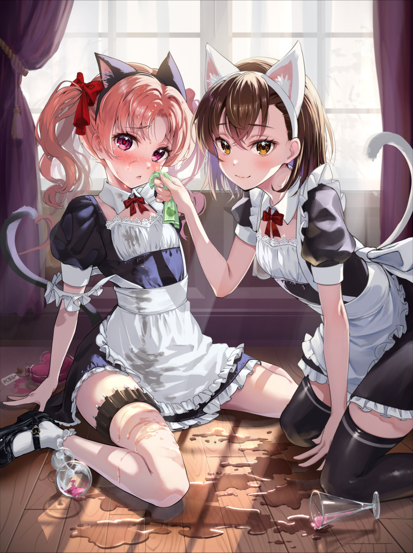 2girls absurdres alternate_costume apron black_thighhighs blush bow bowtie brown_hair cat_tail clumsy commentary_request crossed_bangs cup curtains detached_collar embarrassed enmaided fake_tail hair_behind_ear hair_between_eyes hair_ribbon highres holster kneeling long_hair looking_at_viewer maid maid_apron medium_hair misaka_mikoto multiple_girls needle puffy_short_sleeves puffy_sleeves red_bow red_bowtie red_ribbon ribbon shirai_kuroko short_sleeves sitting spill tail thigh_holster thighhighs throwing_needles toaru_kagaku_no_railgun toaru_majutsu_no_index twintails wariza white_apron window yonabe