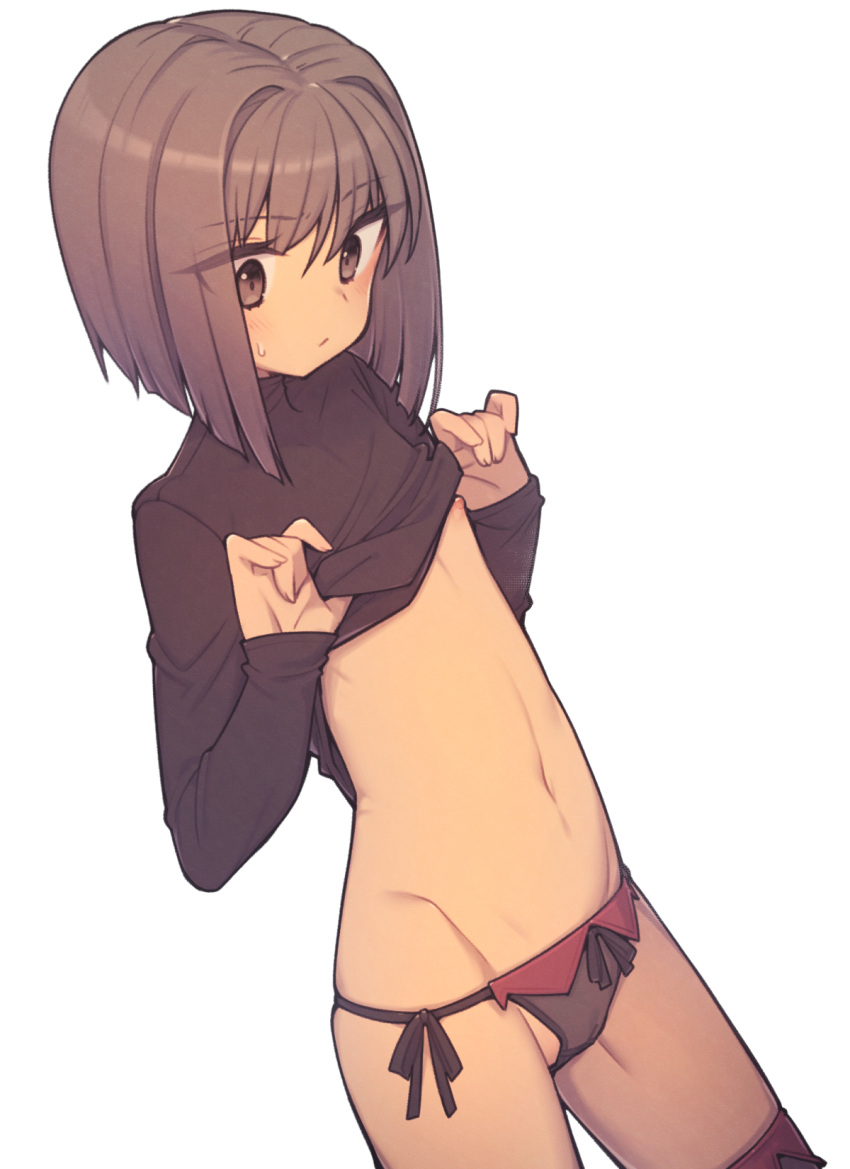 1girl black_panties black_sweater blush brown_eyes brown_hair closed_mouth clothes_lift commentary cowboy_shot dutch_angle everyntrge flat_chest groin hair_between_eyes highres lifted_by_self long_sleeves navel nipples no_pants original panties short_hair simple_background solo standing string_panties sweatdrop sweater sweater_lift turtleneck turtleneck_sweater underwear white_background