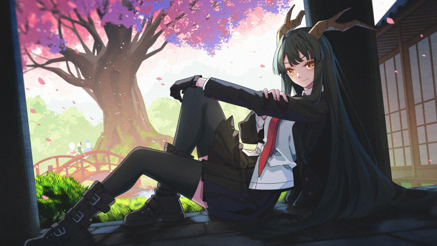 1girl architecture black_footwear black_gloves black_hair black_jacket black_thighhighs boots bridge brown_necktie brown_skirt cherry_blossoms closed_mouth east_asian_architecture from_side full_body gloves grass green_eyes hair_intakes highres horns jacket jiege long_hair long_sleeves looking_at_viewer necktie open-jacket original pillar pleated_skirt shirt sidelocks sitting skirt smile solo thighhighs tree very_long_hair white_shirt