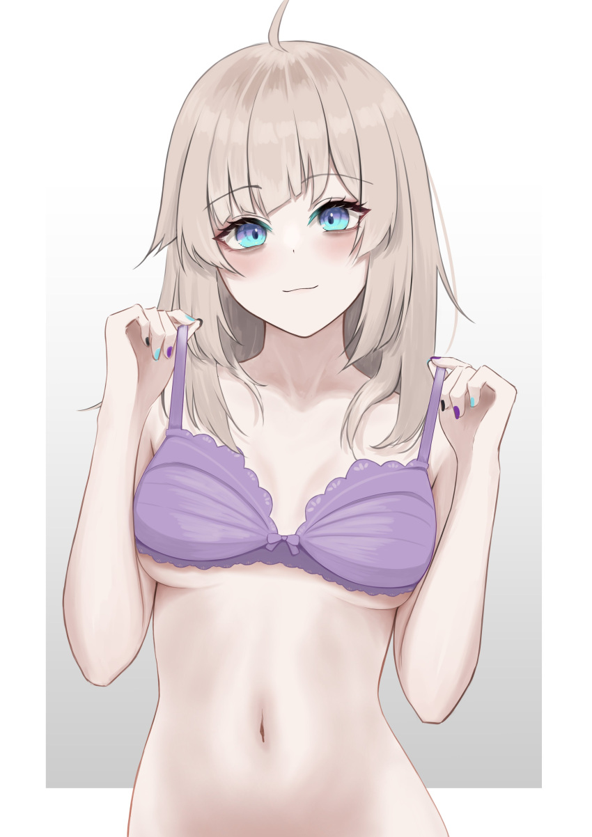 1girl aa-12_(girls'_frontline) absurdres ahoge bags_under_eyes blonde_hair blue_eyes blush bra codename696 covering_privates girls'_frontline highres holding holding_bra holding_clothes holding_underwear messy_hair nail_polish navel nude_cover purple_bra simple_background solo underwear