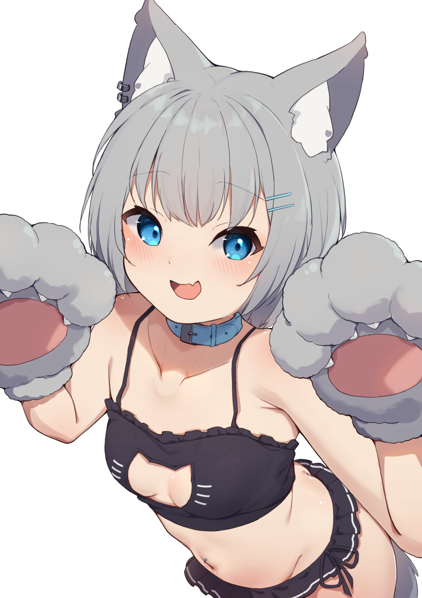 1girl :d absurdres animal_ear_fluff animal_ears animal_hands bare_shoulders black_bra black_panties blue_collar blue_eyes blush bra breasts cat_cutout cat_day cat_ears cat_lingerie cleavage_cutout clothing_cutout collar collarbone commentary_request ear_piercing fang frilled_bra frills gloves grey_gloves grey_hair hair_ornament hairclip hands_up highres hinata_(user_rjkt4745) looking_at_viewer meme_attire navel navel_piercing original panties paw_gloves piercing side-tie_panties simple_background small_breasts smile solo underwear underwear_only white_background