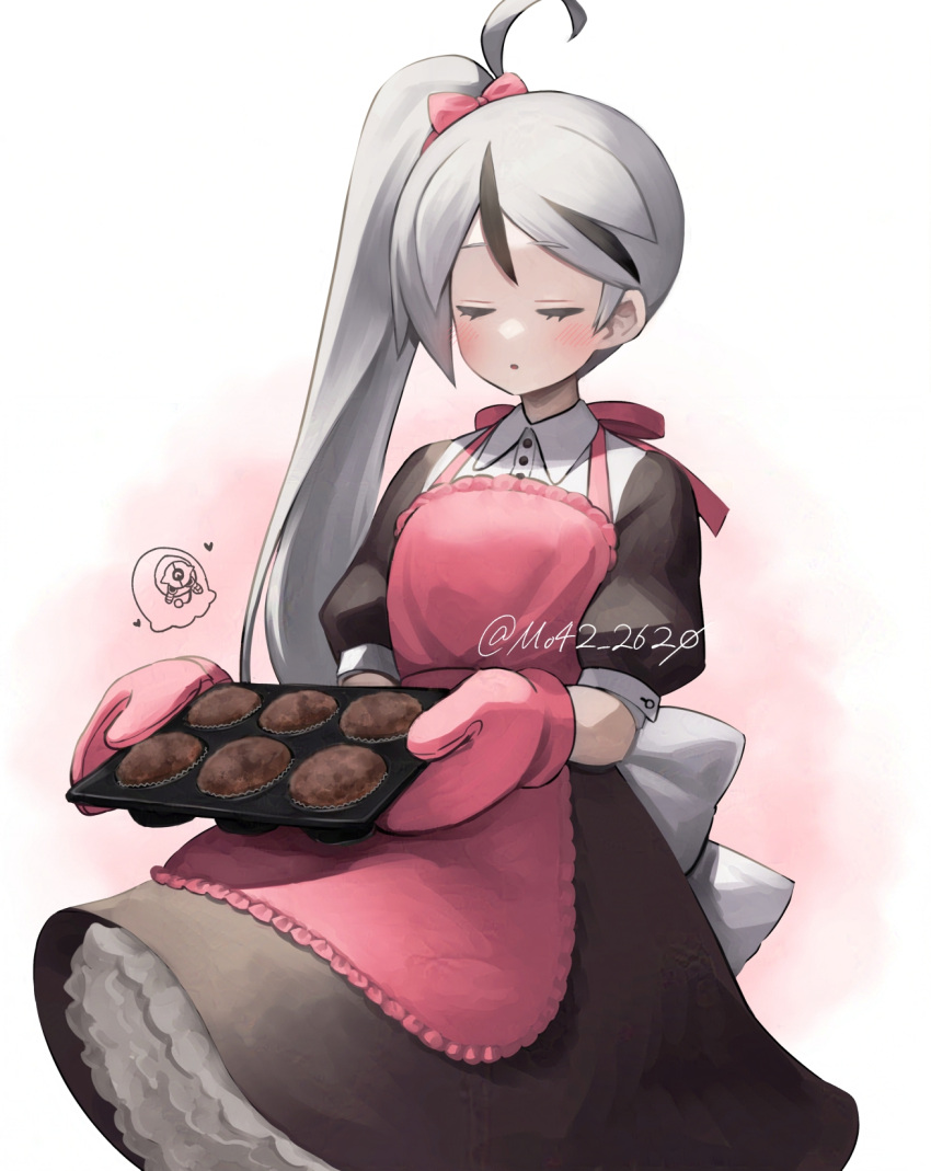 1boy ahoge apron back_bow baking black_dress blush bow closed_eyes collared_shirt cowboy_shot dress food gloria_(project_moon) gloves hair_bow highres library_of_ruina long_hair moribe_denkou muffin multicolored_hair otoko_no_ko oven_mitts parted_lips pink_apron pink_bow pink_gloves project_moon puffy_short_sleeves puffy_sleeves shirt short_sleeves side_ponytail solo streaked_hair valentine very_long_hair white_bow white_hair white_shirt yan_vismok