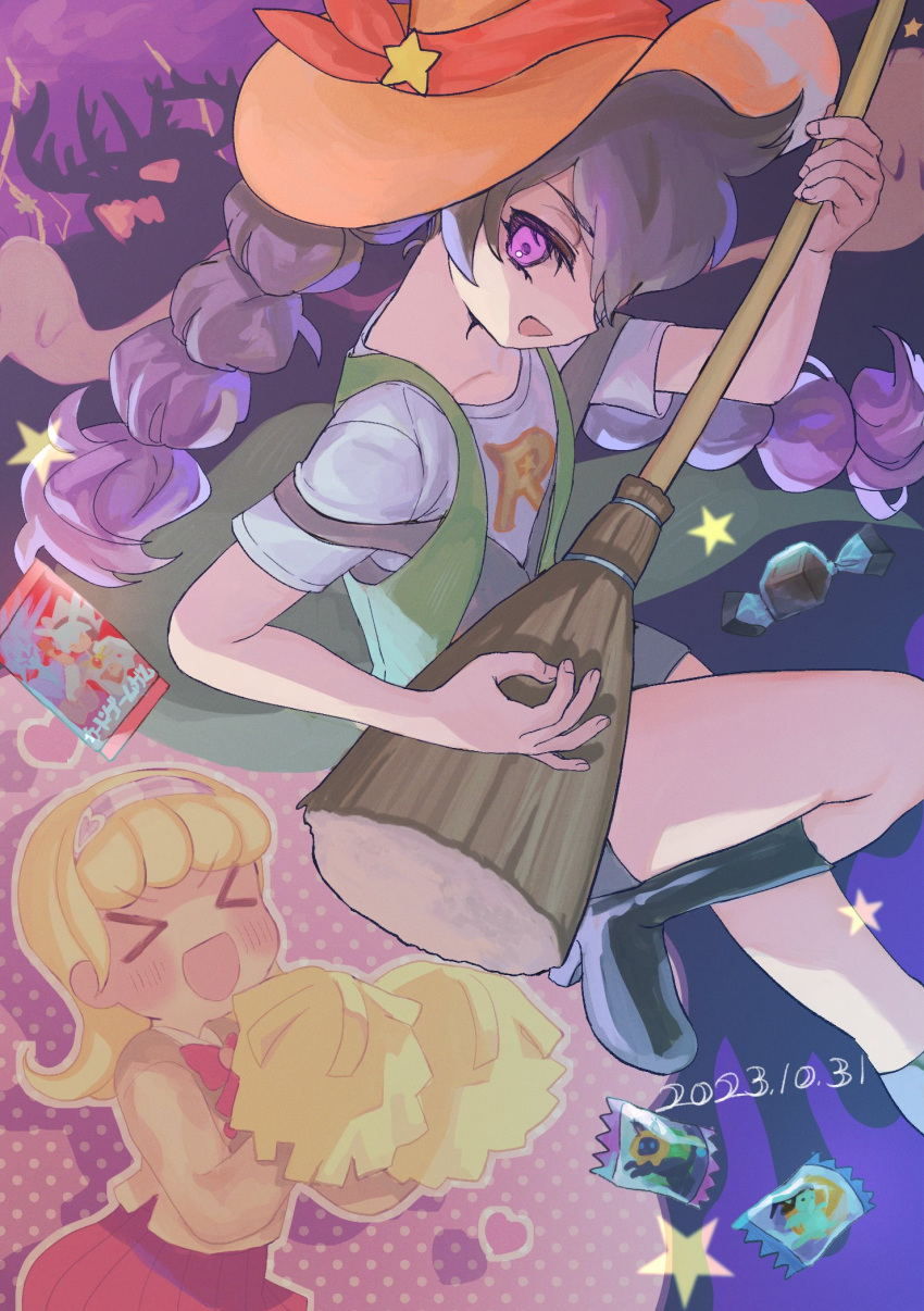 2girls black_footwear black_hair blonde_hair braid broom broom_guitar closed_eyes goha_yuuna hairband hat highres holding holding_broom kirishima_rovian long_hair multiple_girls open_mouth orange_headwear pom_pom_(cheerleading) purple_eyes twin_braids unconventional_guitar yu-gi-oh! yu-gi-oh!_go_rush!! yuzutaroman