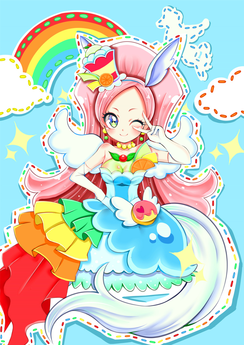 1girl absurdres bare_shoulders berry blush choker cloud commentary_request cure_parfait dress elbow_gloves food food-themed_hair_ornament fruit gloves hair_ornament hand_on_own_hip highres kirakira_precure_a_la_mode leaf long_hair multicolored_eyes orange_(fruit) pearl_choker pink_hair precure rainbow strapless strapless_dress tail v v_over_eye white_tail white_wings wings xokanata